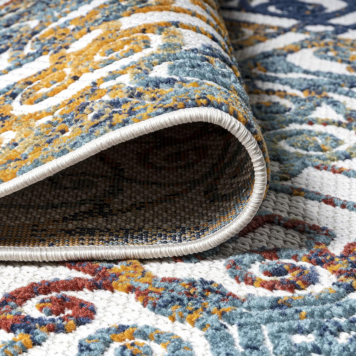 Ornate Trellis Indoor Outdoor Runner Rug 2X8 Cream/Blue/Orange, Cetara for Backyard, Patio, Porch, Easy-Cleaning, High Traffic, Pet-Friendly, Non-Shedding (AMC111A-28)