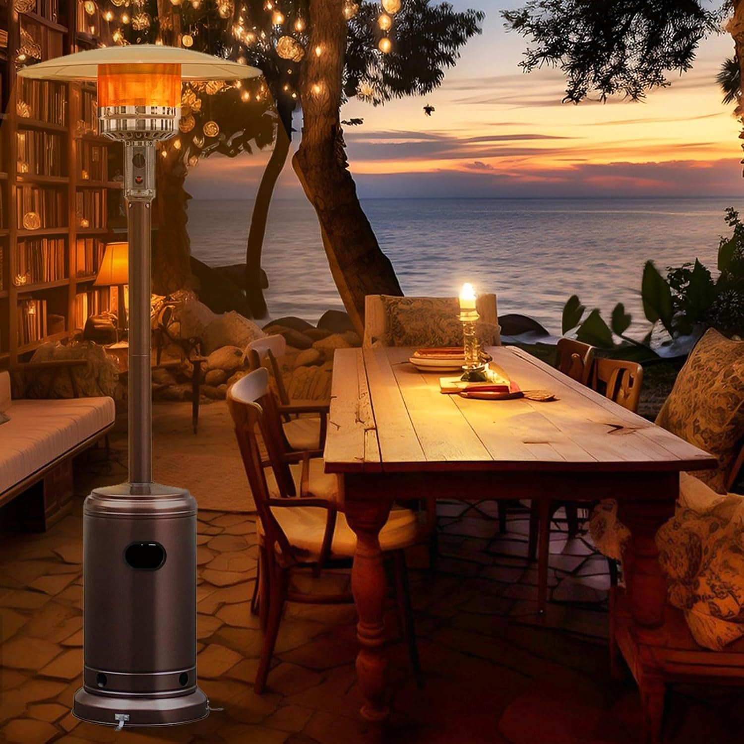 Patio Heater, 48,000 BTU Outdoor Propane Heater with Wheels, Reflective Cover, Triple-Over Protection, Portable Stainless Steel Patio Heater for Outdoor Use Garden, Bronze