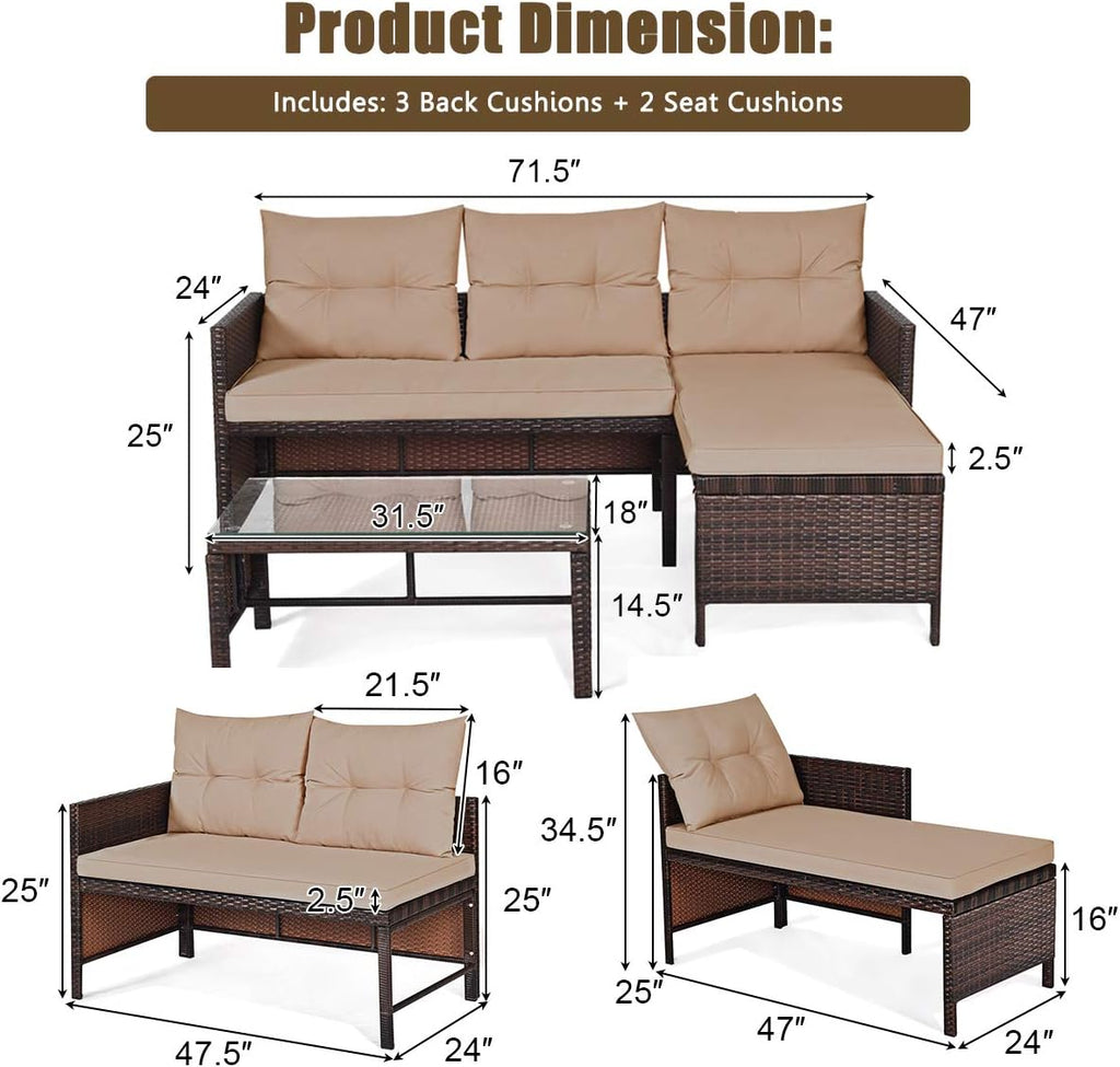Patio Corner Sofa Set 3 Piece, Outdoor Rattan Sofa Set, Includes Lounge Chaise, Loveseat & Coffee Table, Patio Garden Poolside Lawn Backyard Furniture