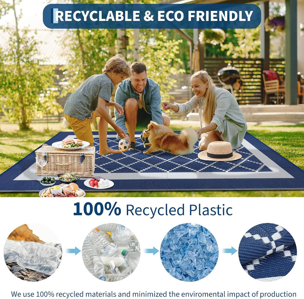 Outdoor Rug 8X10 Patio Waterproof Reversible Plastic Straw Rug, Large Uv-Resistant Portable RV Camping Mats with 4 Stakes & Carry Bag Boho Geometric Carpet for outside Deck Porch Garden, Navy