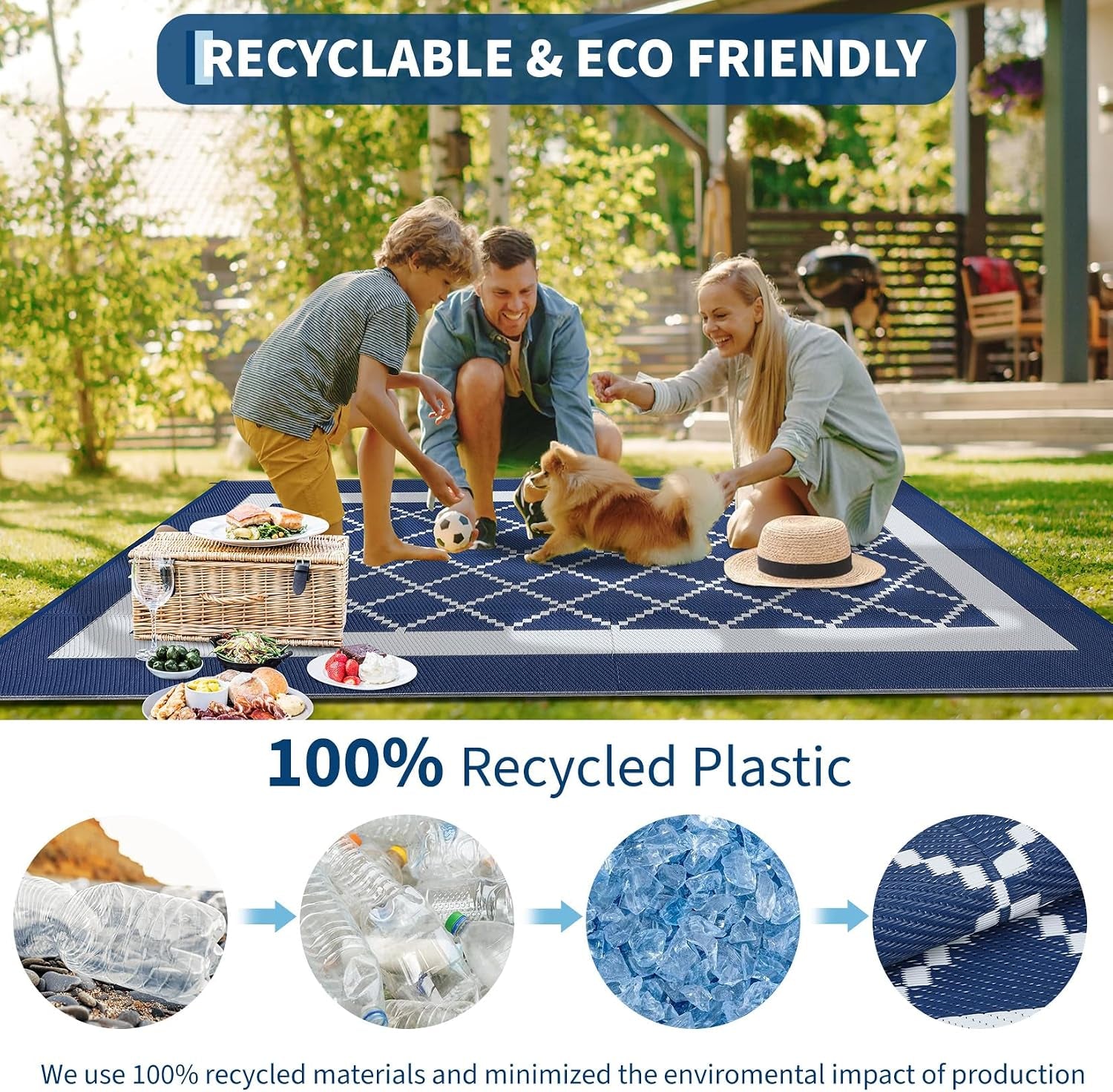 Outdoor Rug 8X10 Patio Waterproof Reversible Plastic Straw Rug, Large Uv-Resistant Portable RV Camping Mats with 4 Stakes & Carry Bag Boho Geometric Carpet for outside Deck Porch Garden, Navy