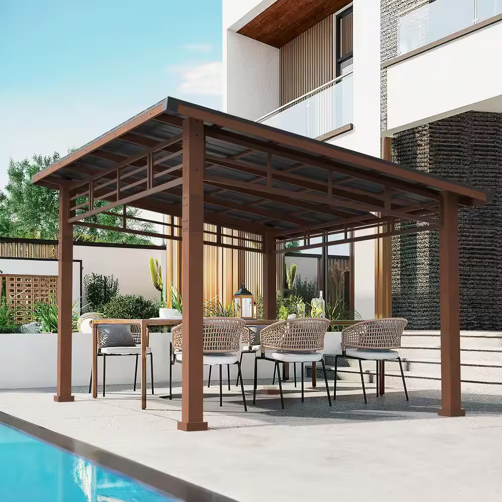 Chandler 10 Ft. X 12 Ft. Brown Cedar Wooden Gazebo Pavilion with Hard Top Iron Slope Roof Grill Gazebo