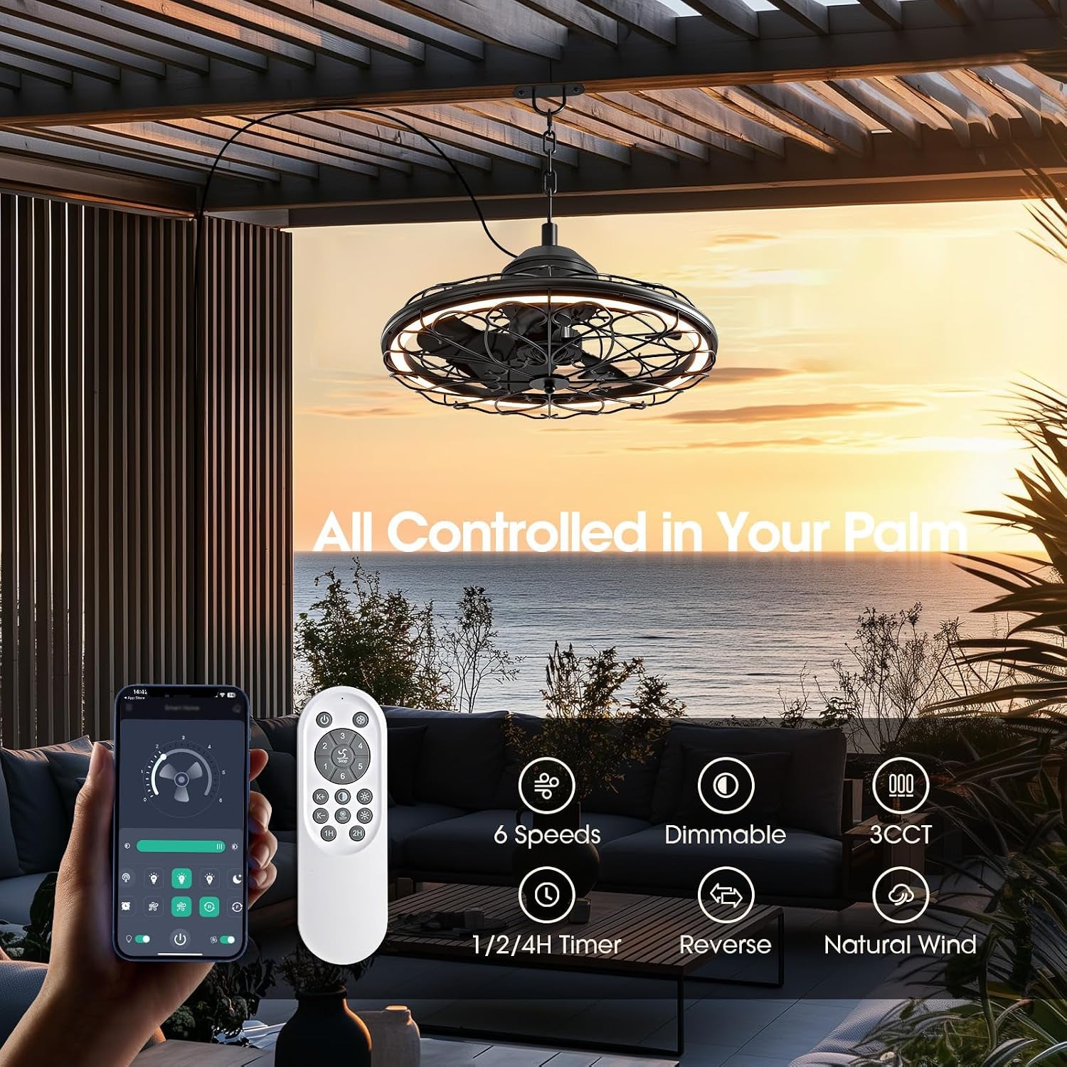 20" Outdoor Ceiling Fan, IP65 Waterproof Gazebo Fan with Light, Remote Control，6 Speeds，3Cct, Plug in Caged Ceiling Fan with Hanging Hook for Patio, Porch, Canopy