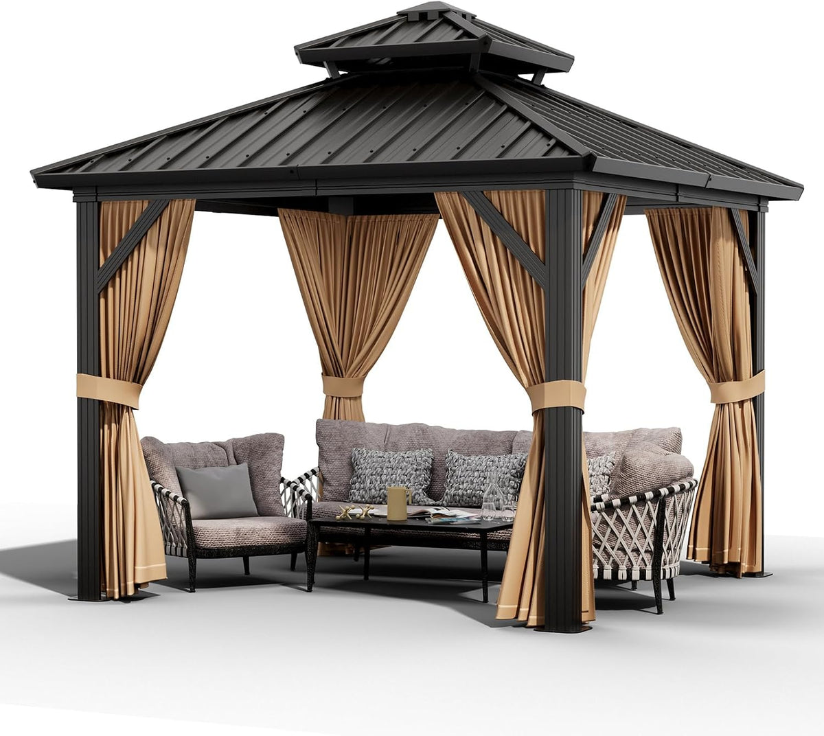 10X10 Ft Double Roof Hardtop Gazebo, Heavy Duty Galvanised Steel Hardtop Pavilion with Nettings and Curtains, Metal Roof Gazebo for Patio, Terrace, Lawn and Deck, Brown