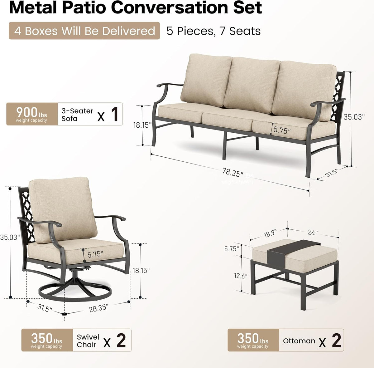 5 PCS Patio Furniture Set, Metal Couch