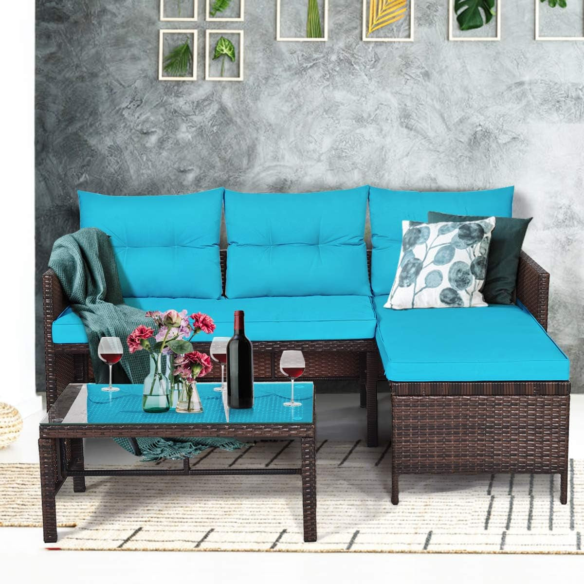 Patio Corner Sofa Set 3 Piece, Outdoor Rattan Sofa Set, Includes Lounge Chaise, Loveseat & Coffee Table, Patio Garden Poolside Lawn Backyard Furniture