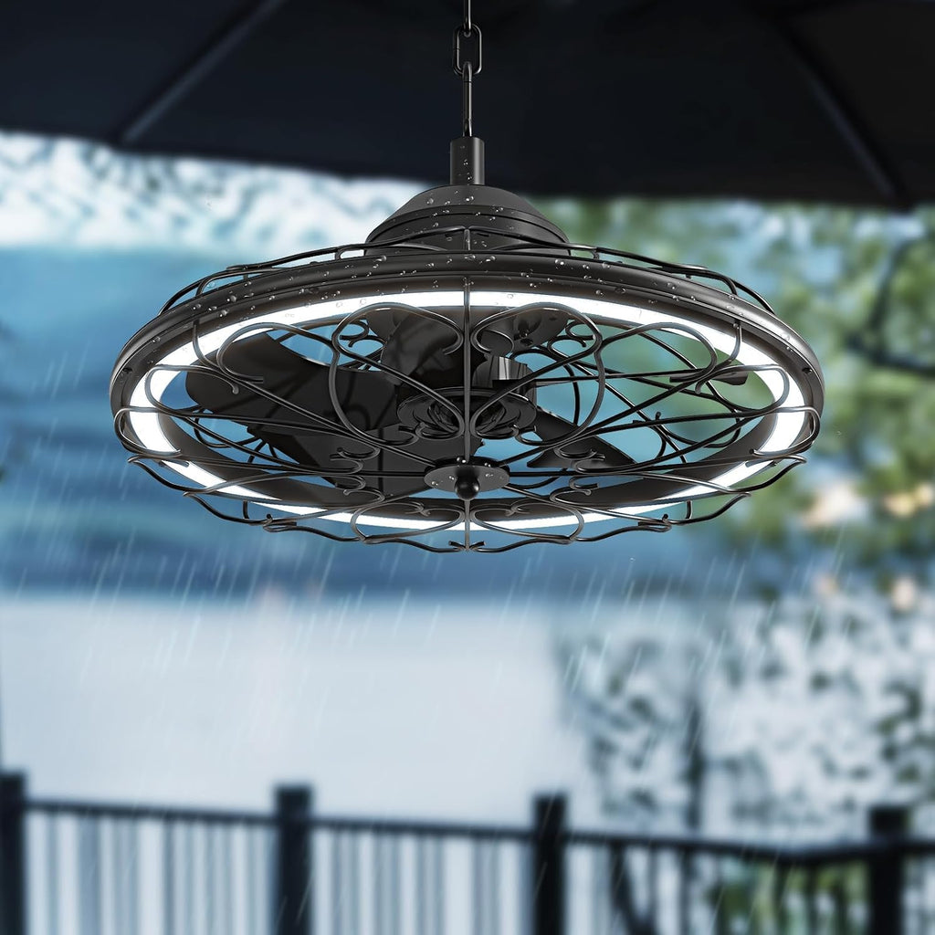 20" Outdoor Ceiling Fan, IP65 Waterproof Gazebo Fan with Light, Remote Control，6 Speeds，3Cct, Plug in Caged Ceiling Fan with Hanging Hook for Patio, Porch, Canopy