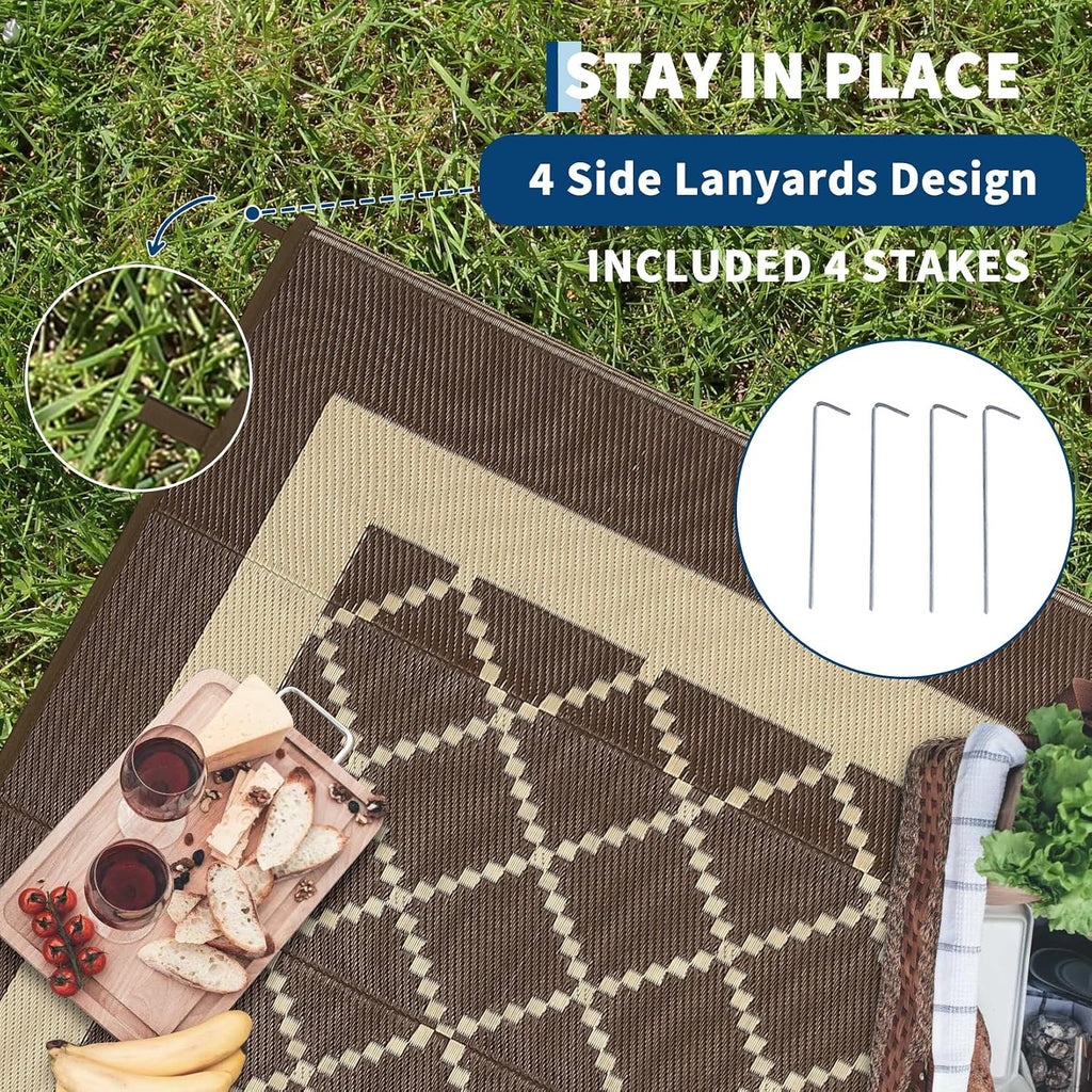 Outdoor Rug 9X18 Waterproof Reversible Plastic Straw Mat, Large Patio Rug Modern Area Rug Indoor Outdoor Rugs for Deck, Balcony, Camping, Beach, Picnic, Porch， Brown&Coffee