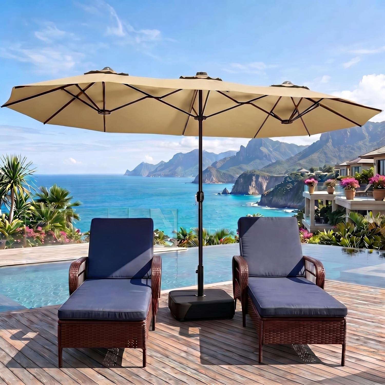 15FT Double-Sided Patio Umbrella with Base Included, Large Outdoor Rectangular Market Umbrella for Backyard, Poolside, Lawn & Garden