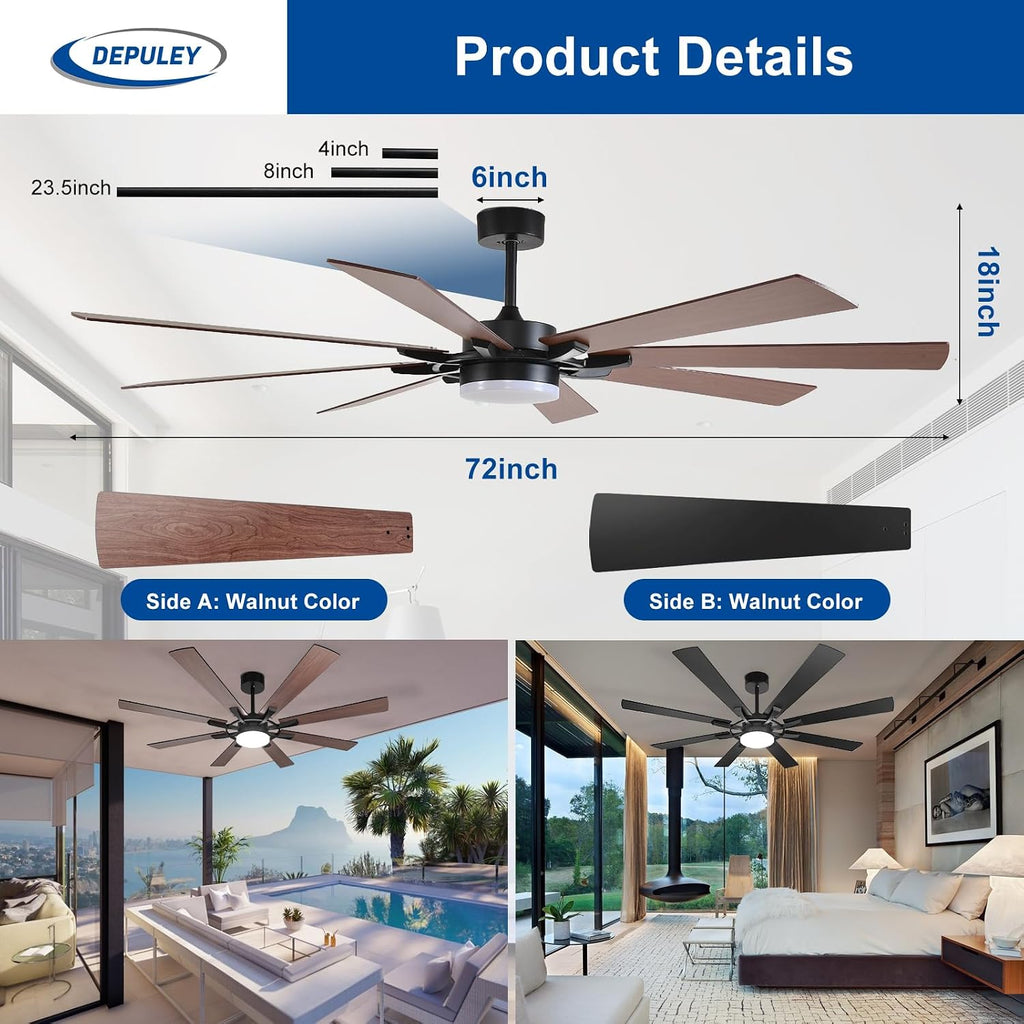 72-Inch Ceiling Fan with Light: Modern 8-Blade Walnut and Black Indoor Outdoor Fans with Remote Control Dimmable Light - Ultra Quiet DC Motor Reversible 6 Speed Timer