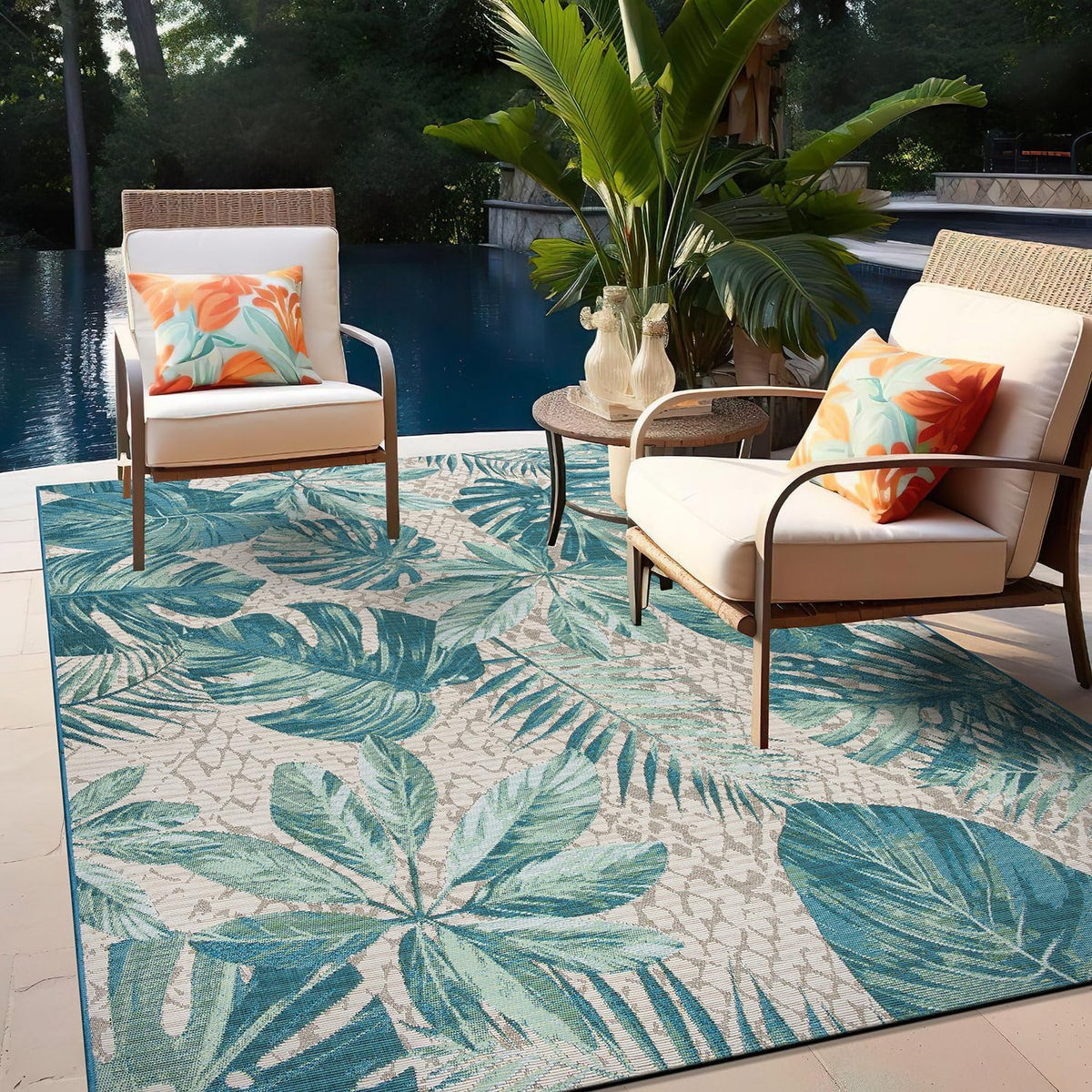 Indoor/Outdoor Contemporary Floral Tropical Area Rug Blue 5'3" X 7'