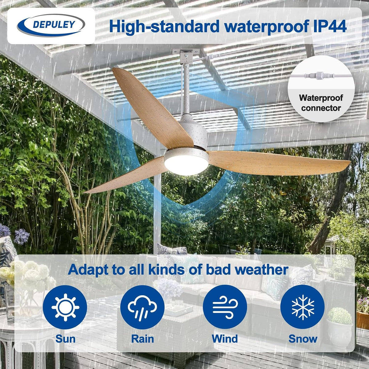 Outdoor Ceiling Fans with Lights: 52-Inch outside Waterproof Plug-In Ceiling Fan with Light and Remote Control - 3-Blade Hanging Gazebo Outdoor Fans for Patios 6 Speeds Reversible - Wood