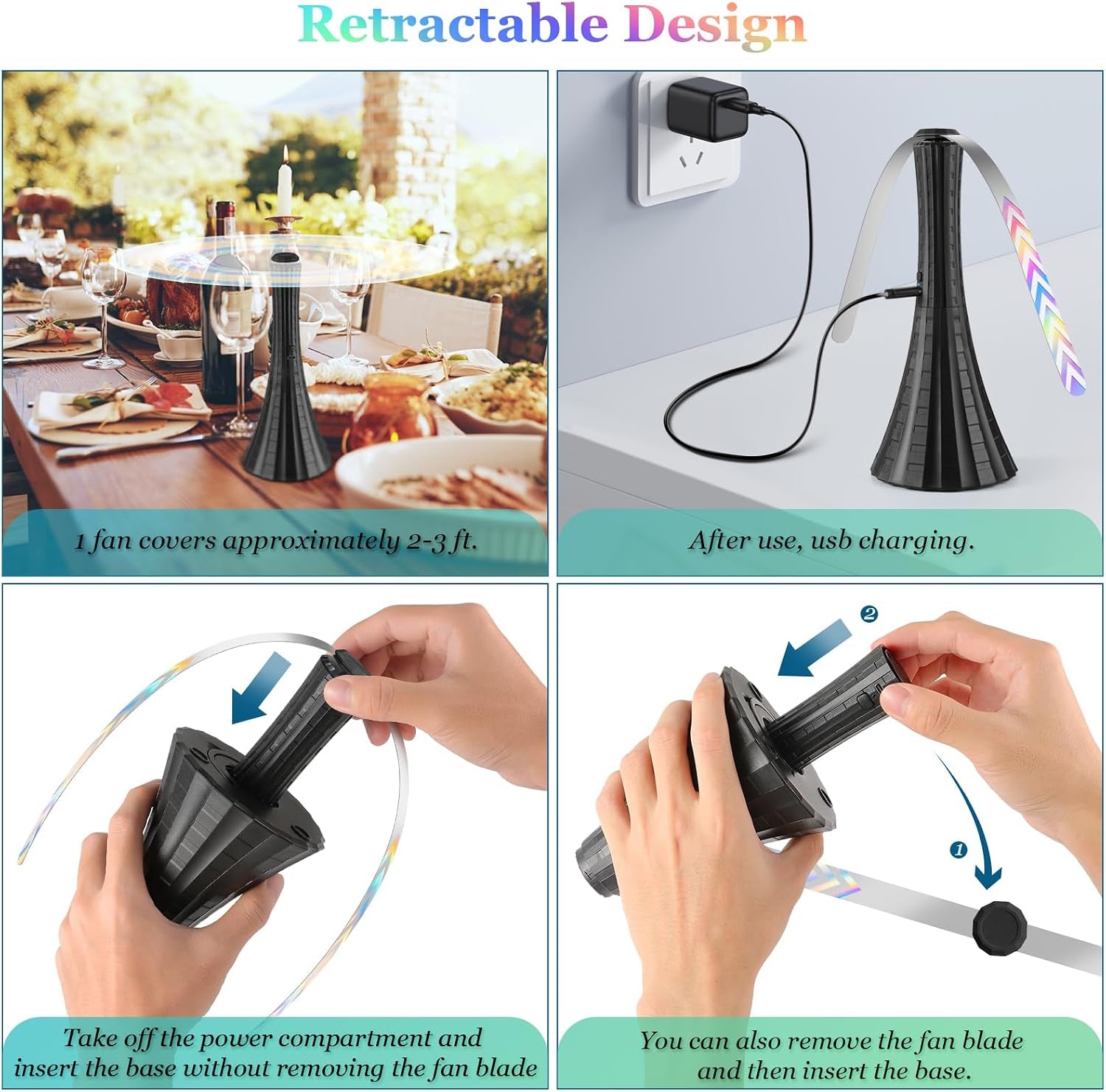 Fly Fans for Tables Rechargeable, Flies Fan USB, Fly Repellent Outdoor Patio to Keep Bugs Away by Soft Blades, Food Fans for Camping, Picnic, Fishing, 6PCS