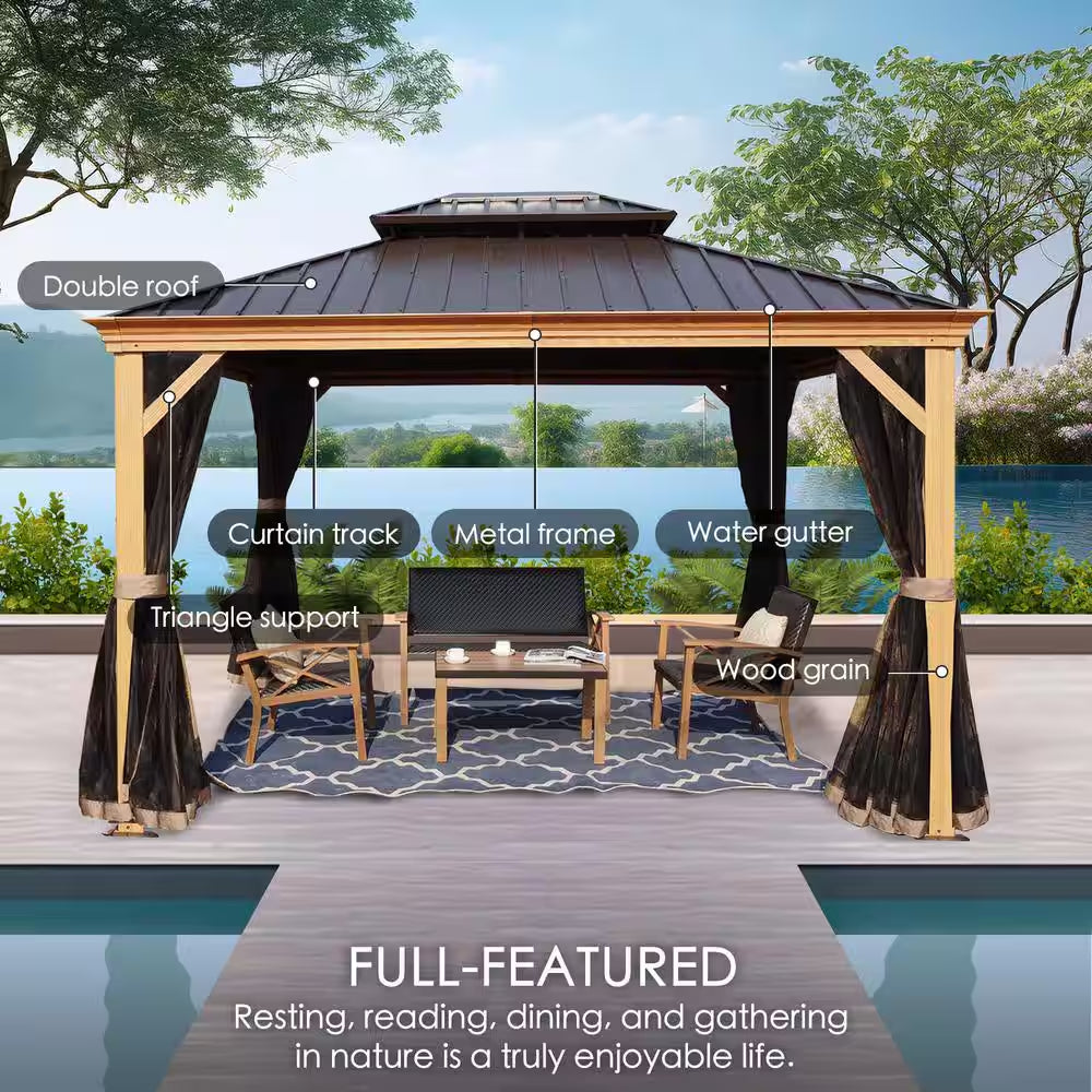 Apollo 12 Ft. X 20 Ft. W Wood like Aluminum Hardtop Gazebo with Galvanized Steel Roof and Mosquito Net