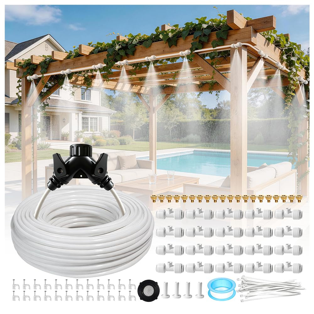 110FT Mister for outside Patio Misting Cooling System with 20 Brass Mist Nozzles+Water Filter+Y Connector, Leak-Resistant Misters for Backyard, Garden, Pool, Deck, Greenhouse - White