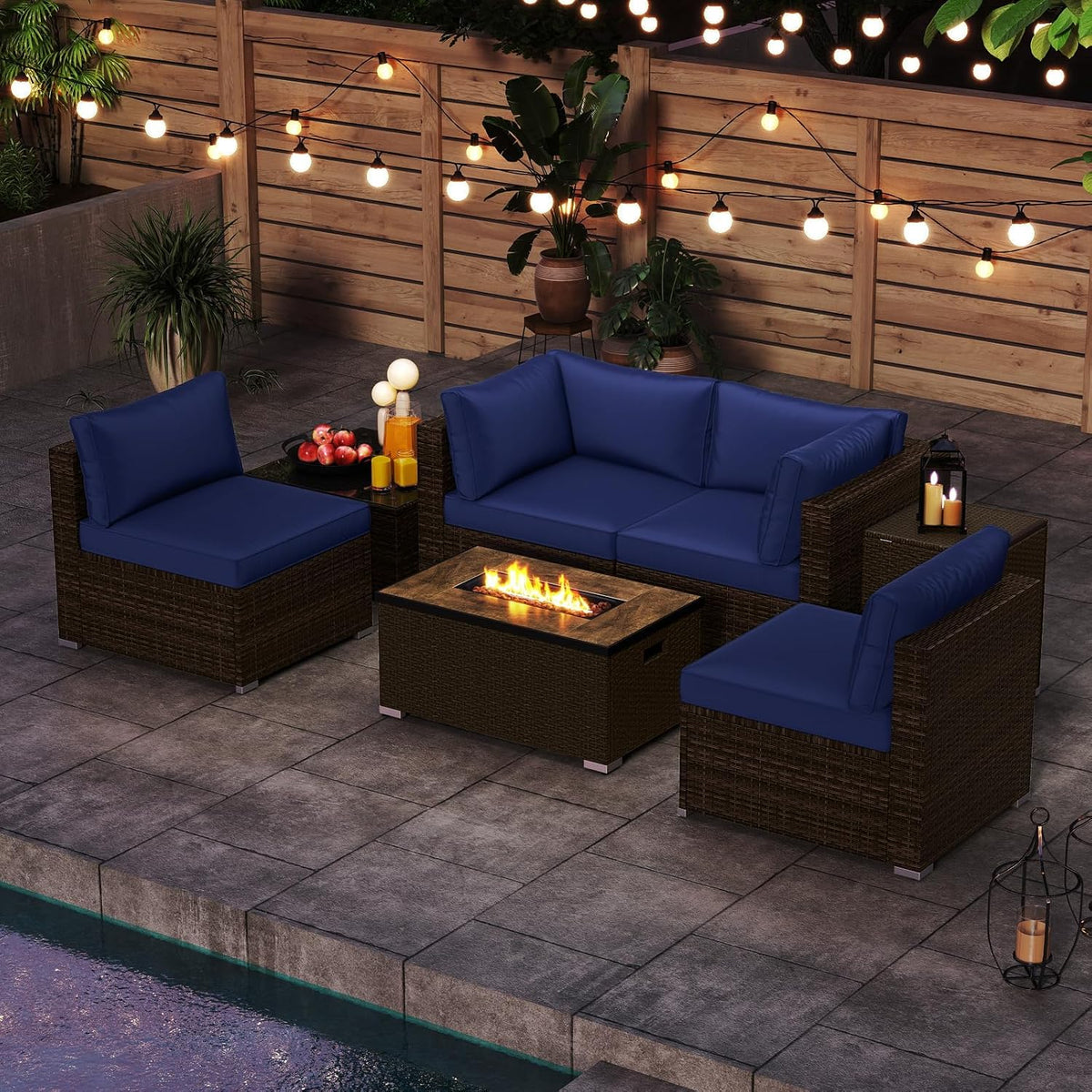 7 Pieces Patio Furniture Set with 32” Fire Pit Table and Propane Tank Cover, Outdoor PE Wicker Sectional Conversation Set with Cushions for Deck, Backyard, Protective Cover Included