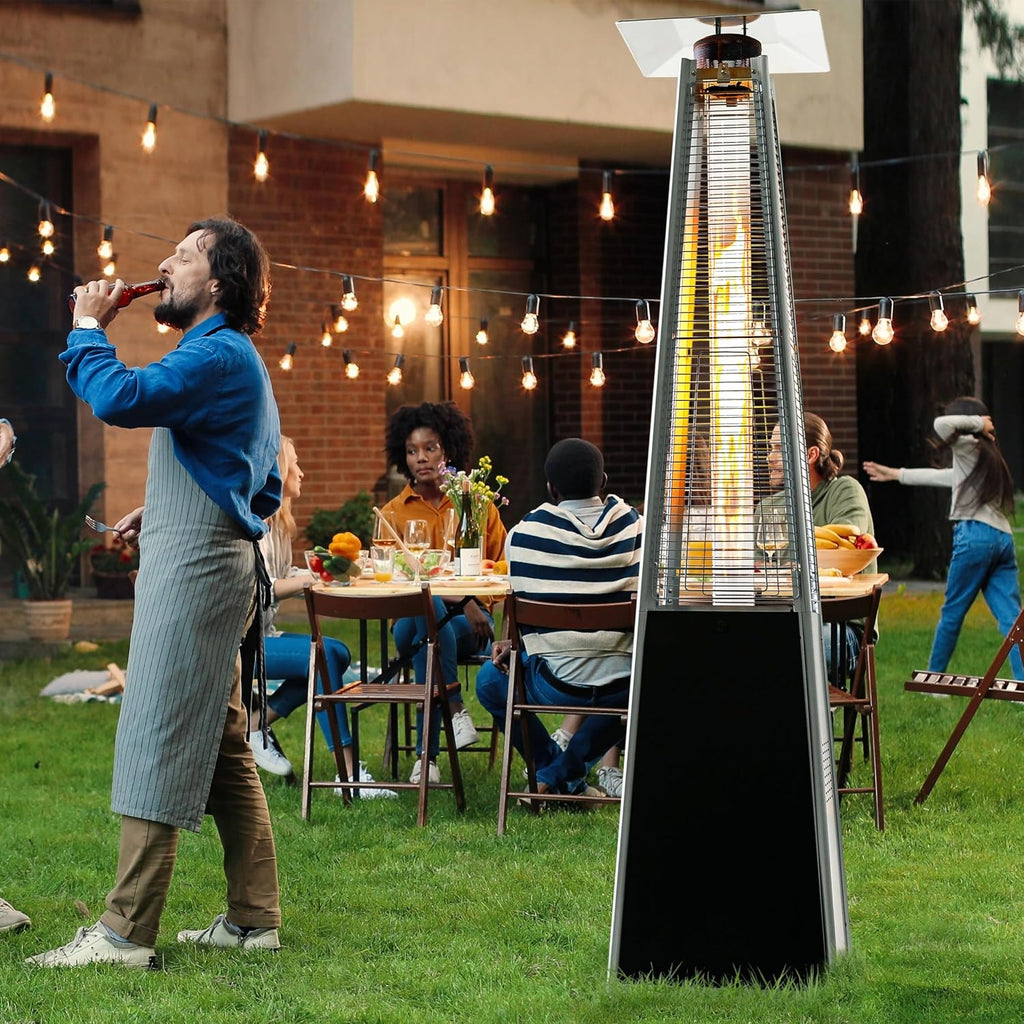 Outdoor Propane Patio Heater, 48,000 BTU Pyramid Outdoor Heater with Wheels, Hammered Bronze Tower Portable Heater with Oxford Cover for Garden, Terrace, Black