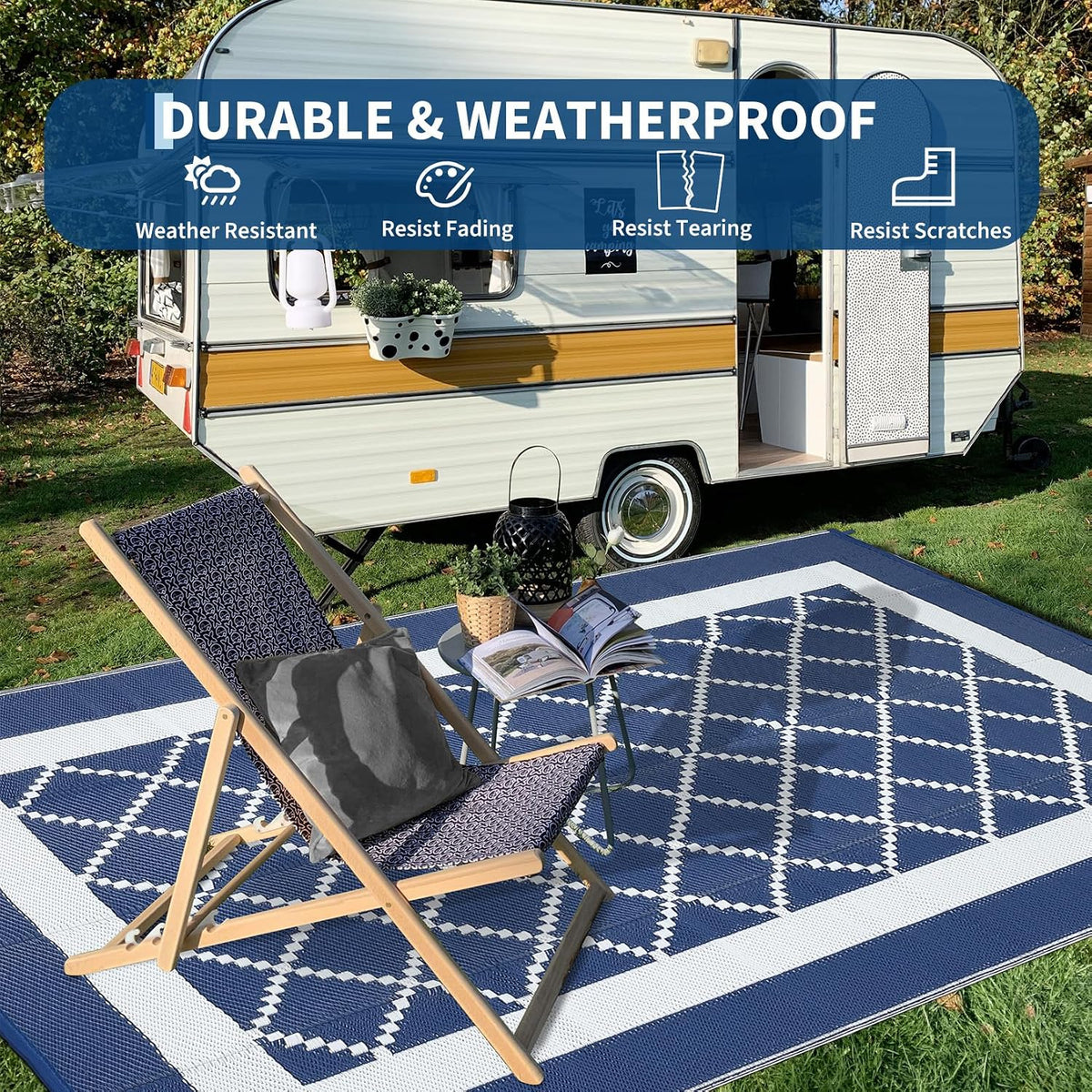 Outdoor Rug 8X10 Patio Waterproof Reversible Plastic Straw Rug, Large Uv-Resistant Portable RV Camping Mats with 4 Stakes & Carry Bag Boho Geometric Carpet for outside Deck Porch Garden, Navy
