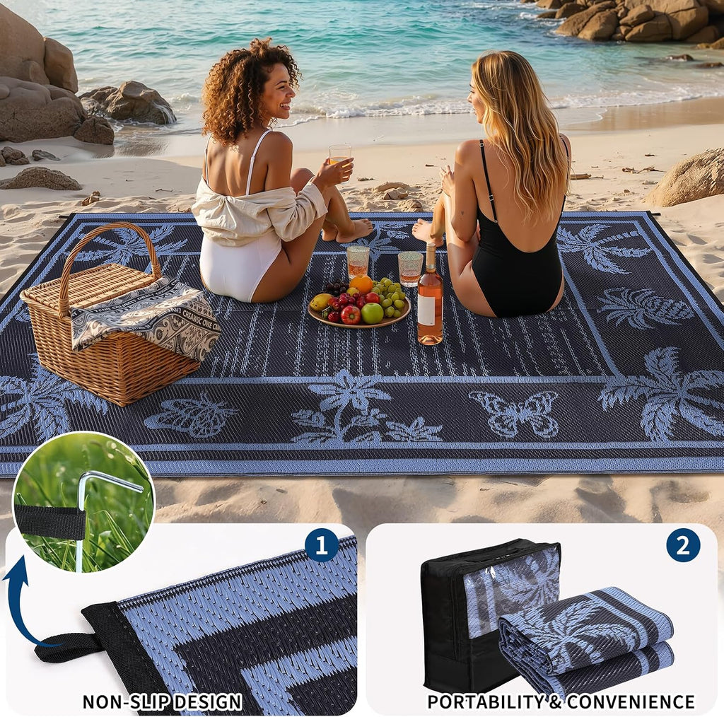 Outdoor Rug 8X10 Waterproof for Patios, Reversible Plastic Straw Rug, Tropical Leaf Indoor Outdoor Rugs, Large Area Rug for RV, Camping, Deck, Picnic Mat, outside Carpet