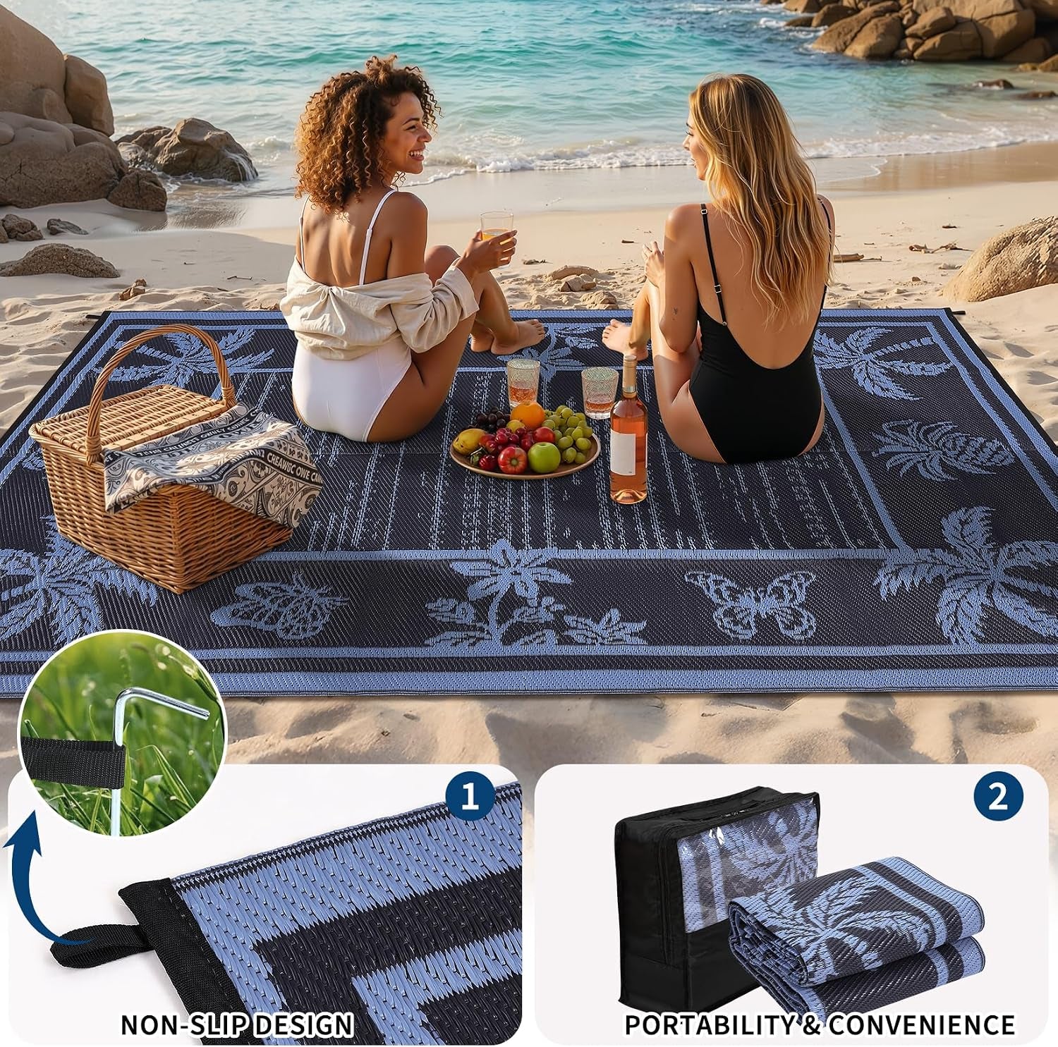 Outdoor Rug 8X10 Waterproof for Patios, Reversible Plastic Straw Rug, Tropical Leaf Indoor Outdoor Rugs, Large Area Rug for RV, Camping, Deck, Picnic Mat, outside Carpet