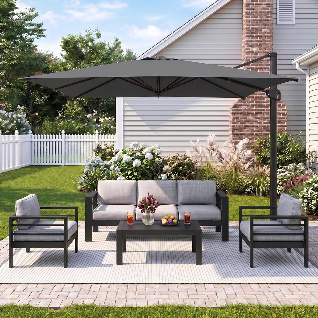 5 Pieces Aluminum Patio Furniture Set with Umbrella, All Weather Oversized Outdoor Furniture Set with Deep Seat and Back Cushion, Patio Conversation Sets Wide Armrest, Light Gray & Gray