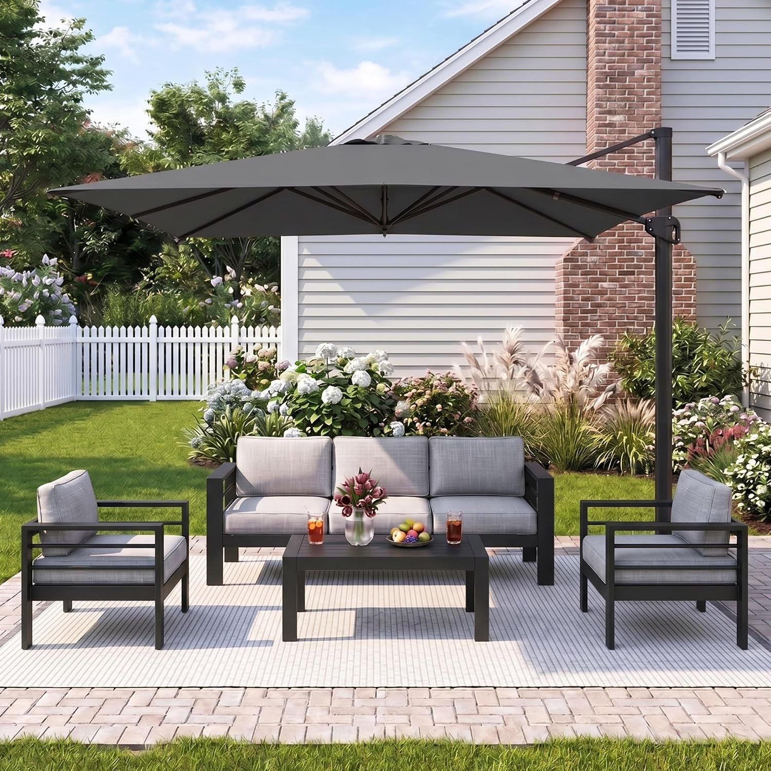 5 Pieces Aluminum Patio Furniture Set with Umbrella, All Weather Oversized Outdoor Furniture Set with Deep Seat and Back Cushion, Patio Conversation Sets Wide Armrest, Light Gray & Gray
