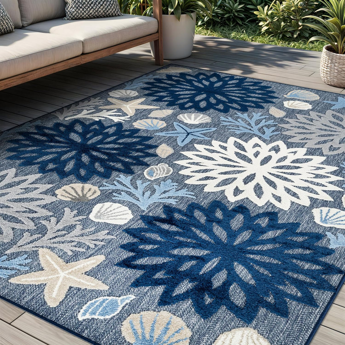 Coastal High-Low Textured Floral Indoor Outdoor Rug Navy 4' X 6'