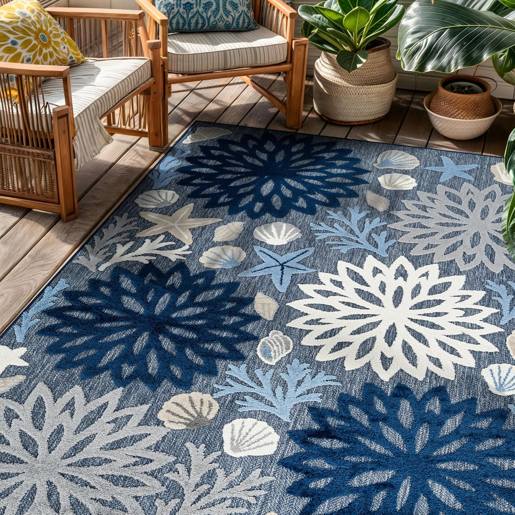 Coastal High-Low Textured Floral Indoor Outdoor Rug Navy 4' X 6'
