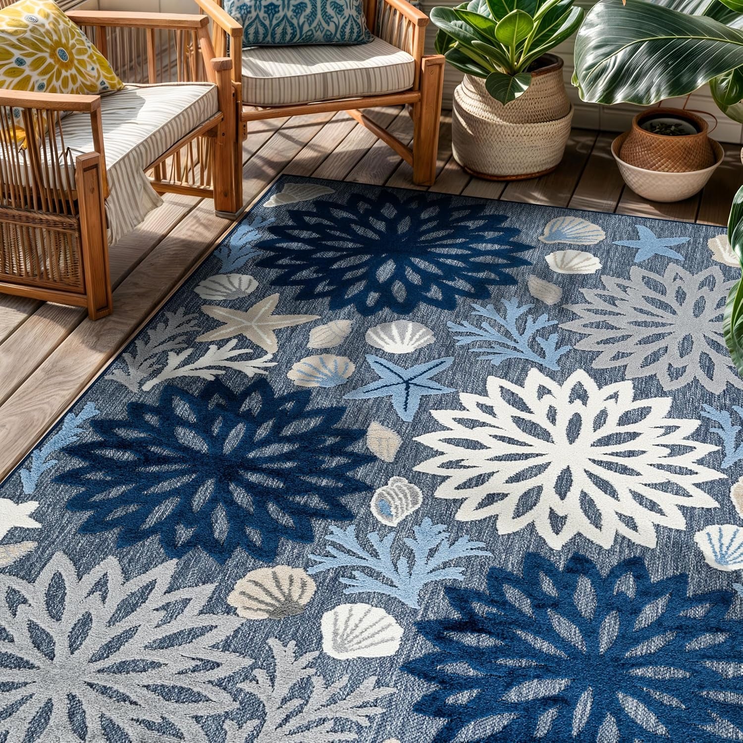 Coastal High-Low Textured Floral Indoor Outdoor Rug Navy 4' X 6'