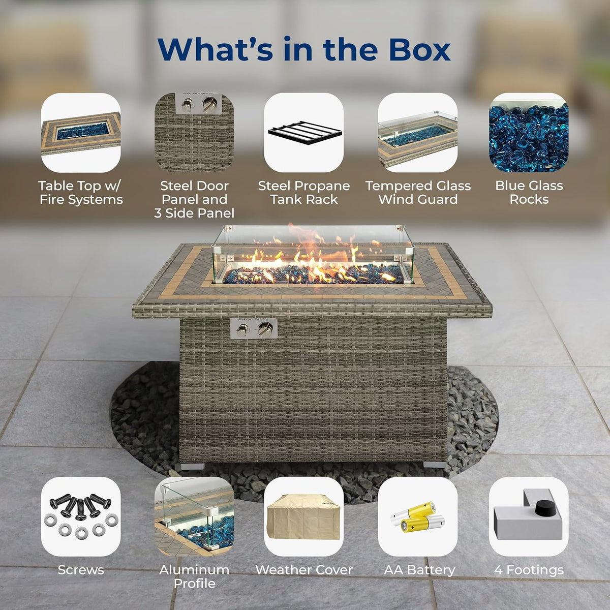 Sturdy Wicker Base Propane Fire Pit Table with Tile Top, Patio Heater & Propane Heater, Sliding Door, Stainless Steel Burner, Tempered Glass Wind Guard, 50000 BTU, Weather Resistant