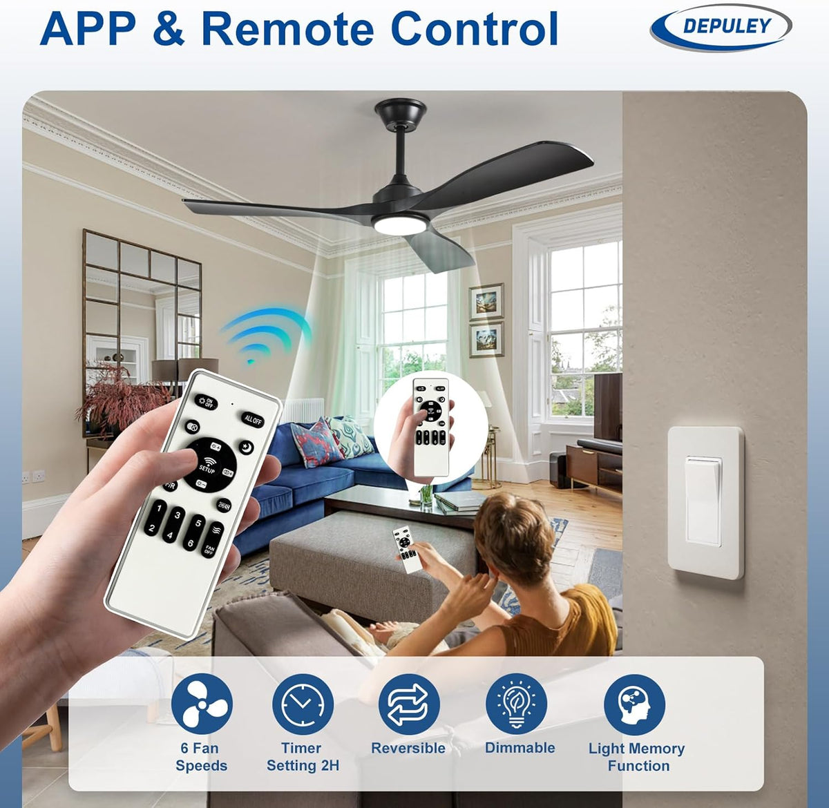 52-Inch Ceiling Fan with Light: Black 3 Blade Outdoor Fans for Patios - Dimmable Indoor Fan with Remote Control Fandelier for Living Room Bedroom Porch Quiet Motor Reversible 6 Speed Timer