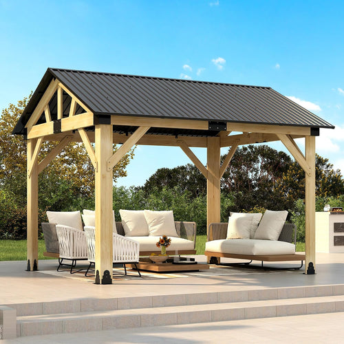 10' X 12' Wood Gazebo, Outdoor Cedar Hardtop Wooden Frame Gazebos with Galvanized Steel Roof for Garden, Patio, Deck