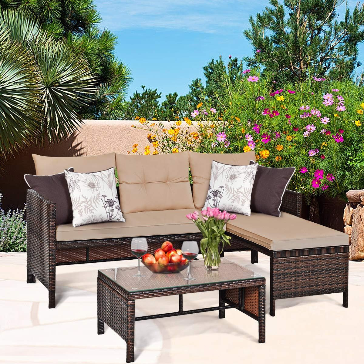 Patio Corner Sofa Set 3 Piece, Outdoor Rattan Sofa Set, Includes Lounge Chaise, Loveseat & Coffee Table, Patio Garden Poolside Lawn Backyard Furniture