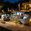 Outdoor Patio Furniture Sets with Solar Coffee Table, All-Weather Wicker Rattan Outdoor Furniture Conversation Set for Porch, Patio, Backyard--Blue