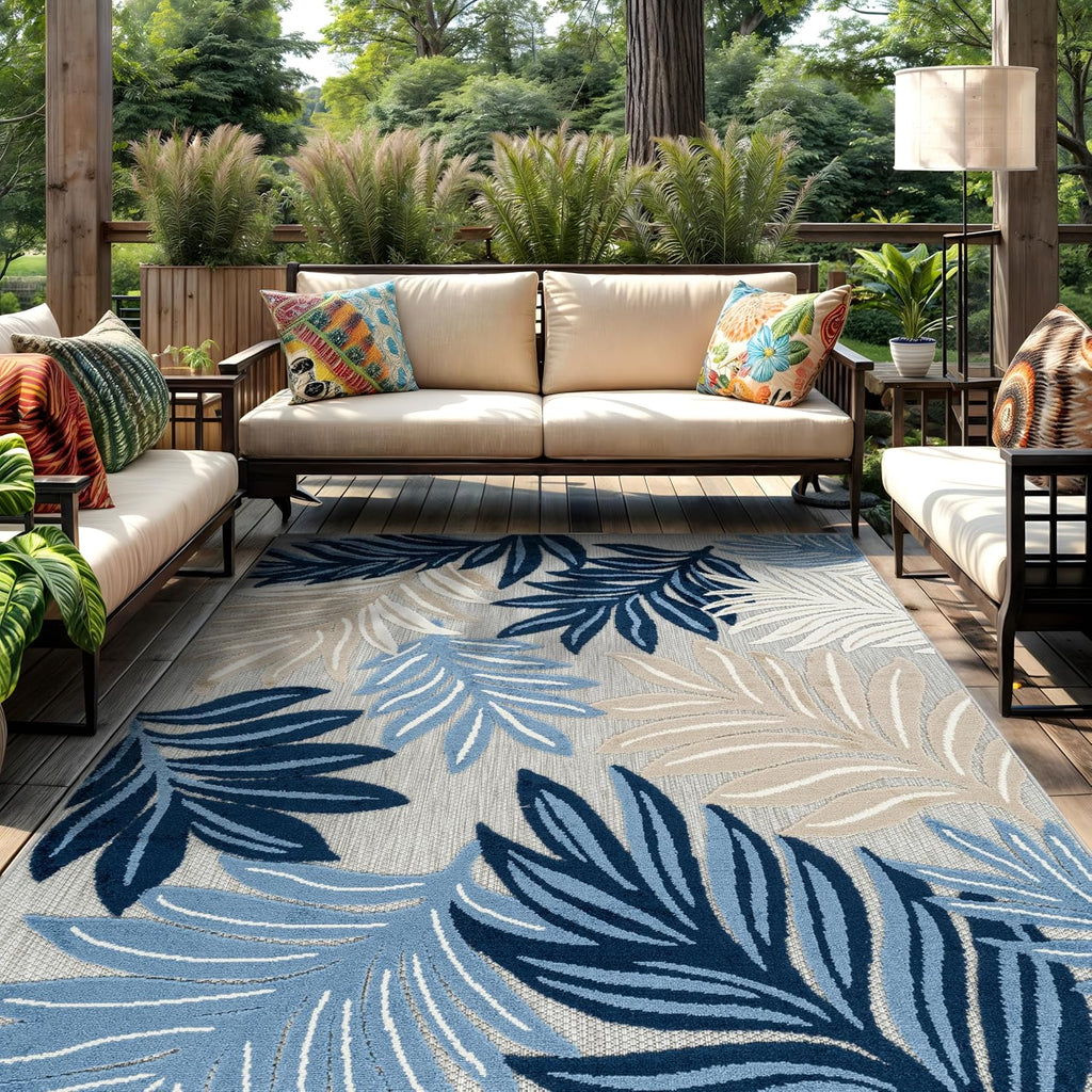 Transitional High-Low Textured Indoor Outdoor Rug Dark Blue 5' X 7'