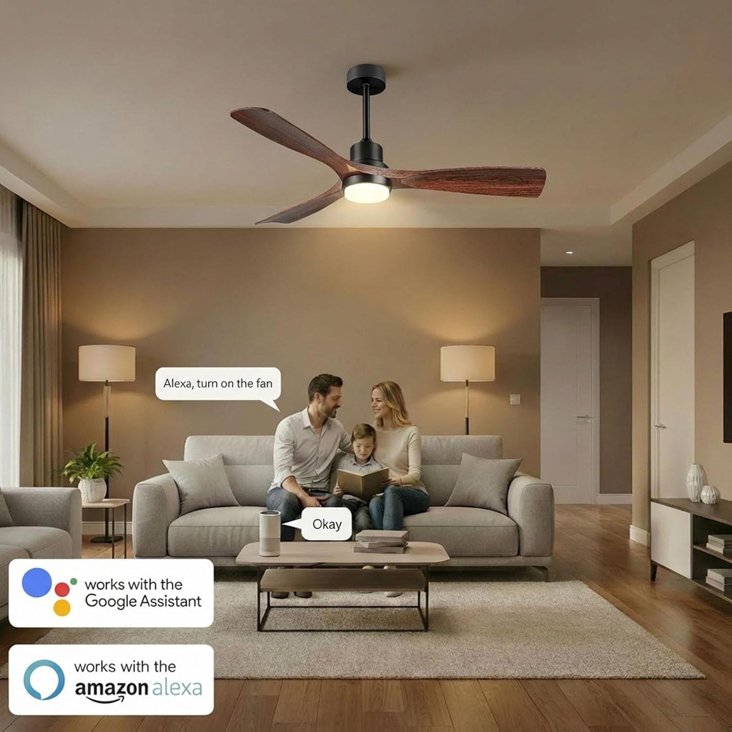 52" Smart Ceiling Fan with Light Alexa/App/Remote Control 3 Blade Walnut