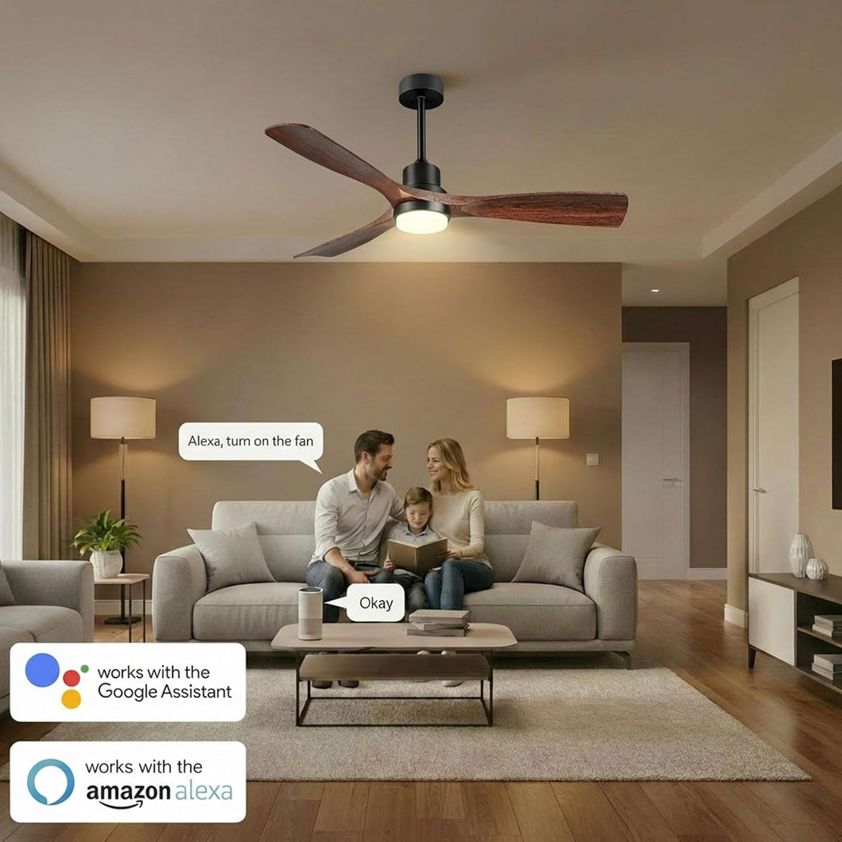 52" Smart Ceiling Fan with Light Alexa/App/Remote Control 3 Blade Walnut