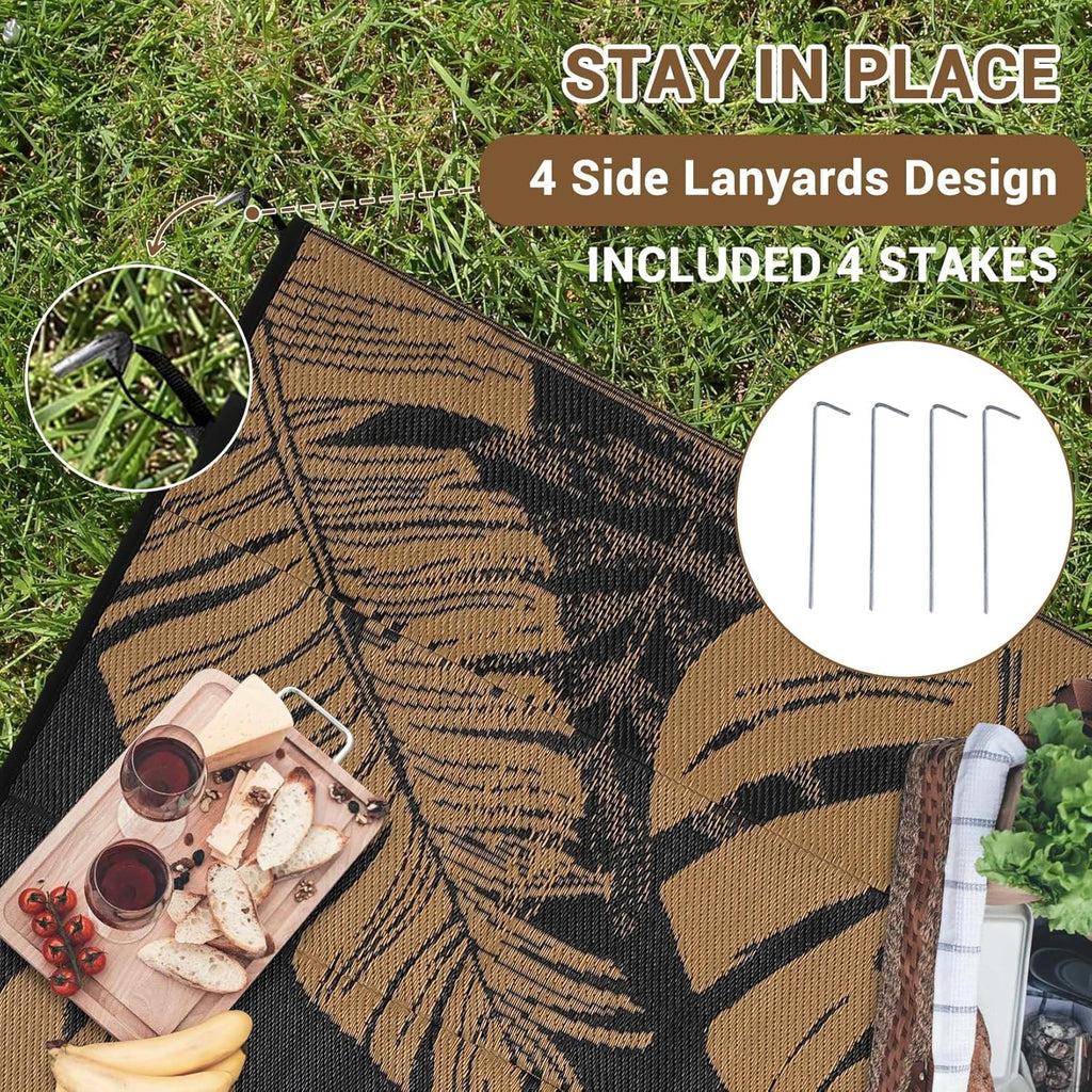 9X12 Outdoor Rug Waterproof Foldable Plastic Straw Carpet for Patio Porch Modern Leaf Print Reversible Mat Lightweight Floor Mat for Picnic, Rv, Beach, Deck, Camper, Balcony，Black/Brown