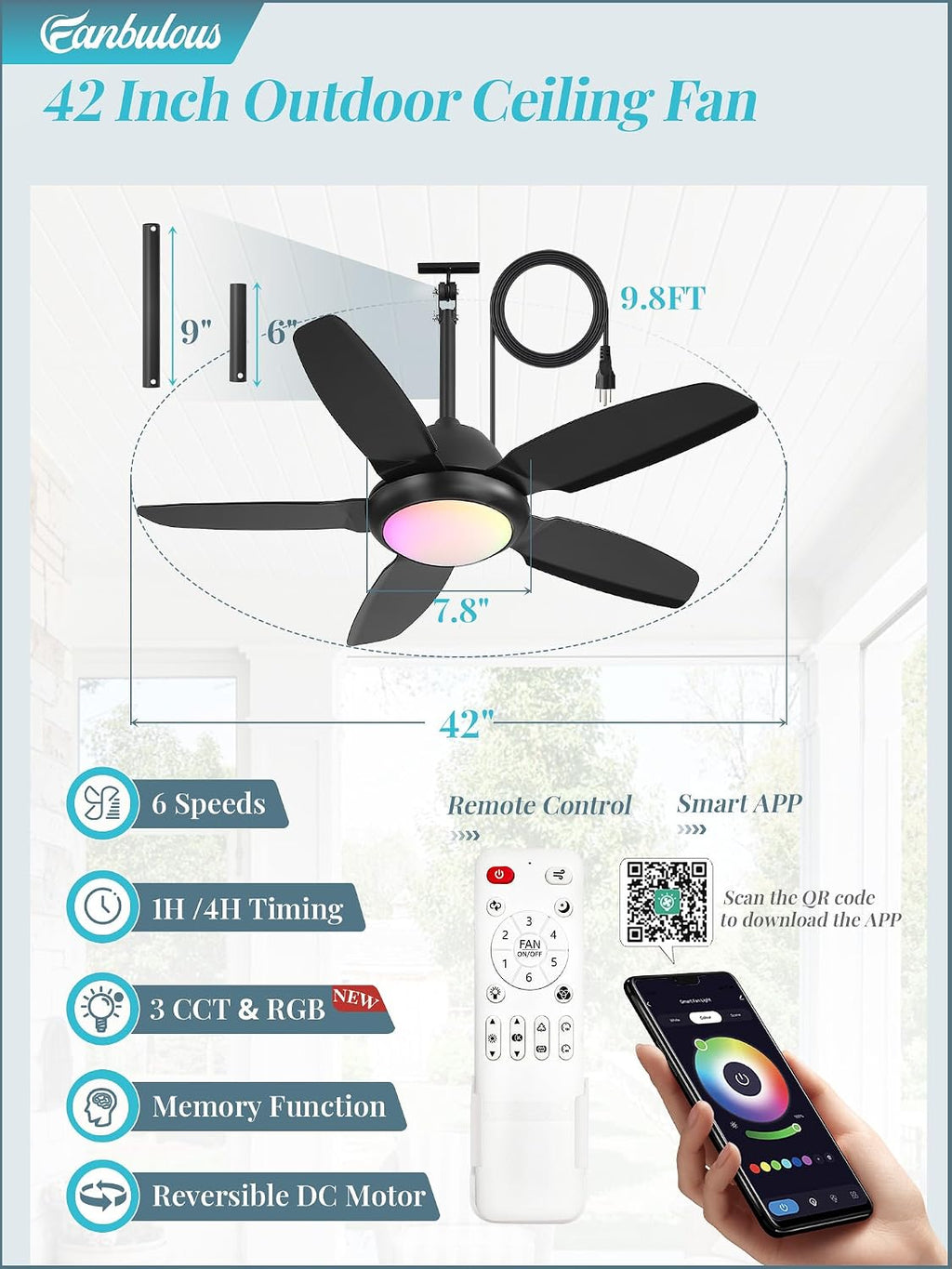 42" Waterproof Outdoor Ceiling Fan with Light for Patio,Black
