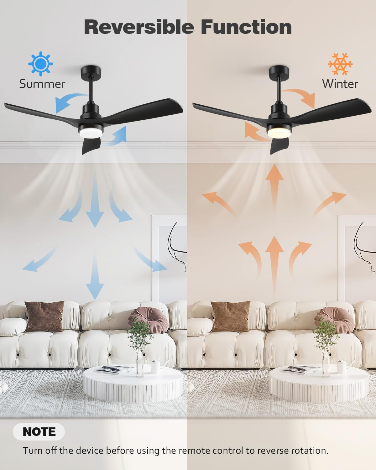 60 Inch Black Ceiling Fans with Lights and Remote, 3 Wood Blades
