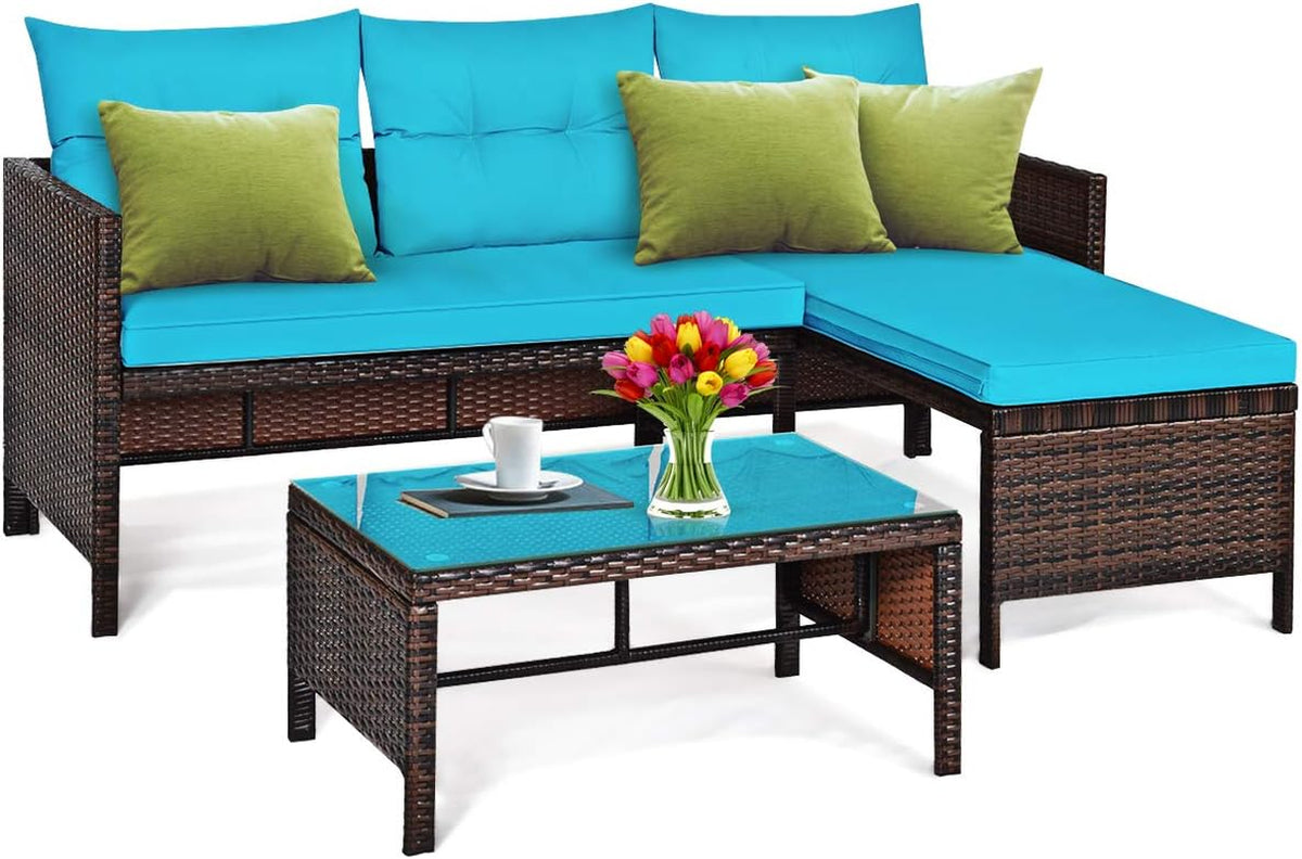 Patio Corner Sofa Set 3 Piece, Outdoor Rattan Sofa Set, Includes Lounge Chaise, Loveseat & Coffee Table, Patio Garden Poolside Lawn Backyard Furniture