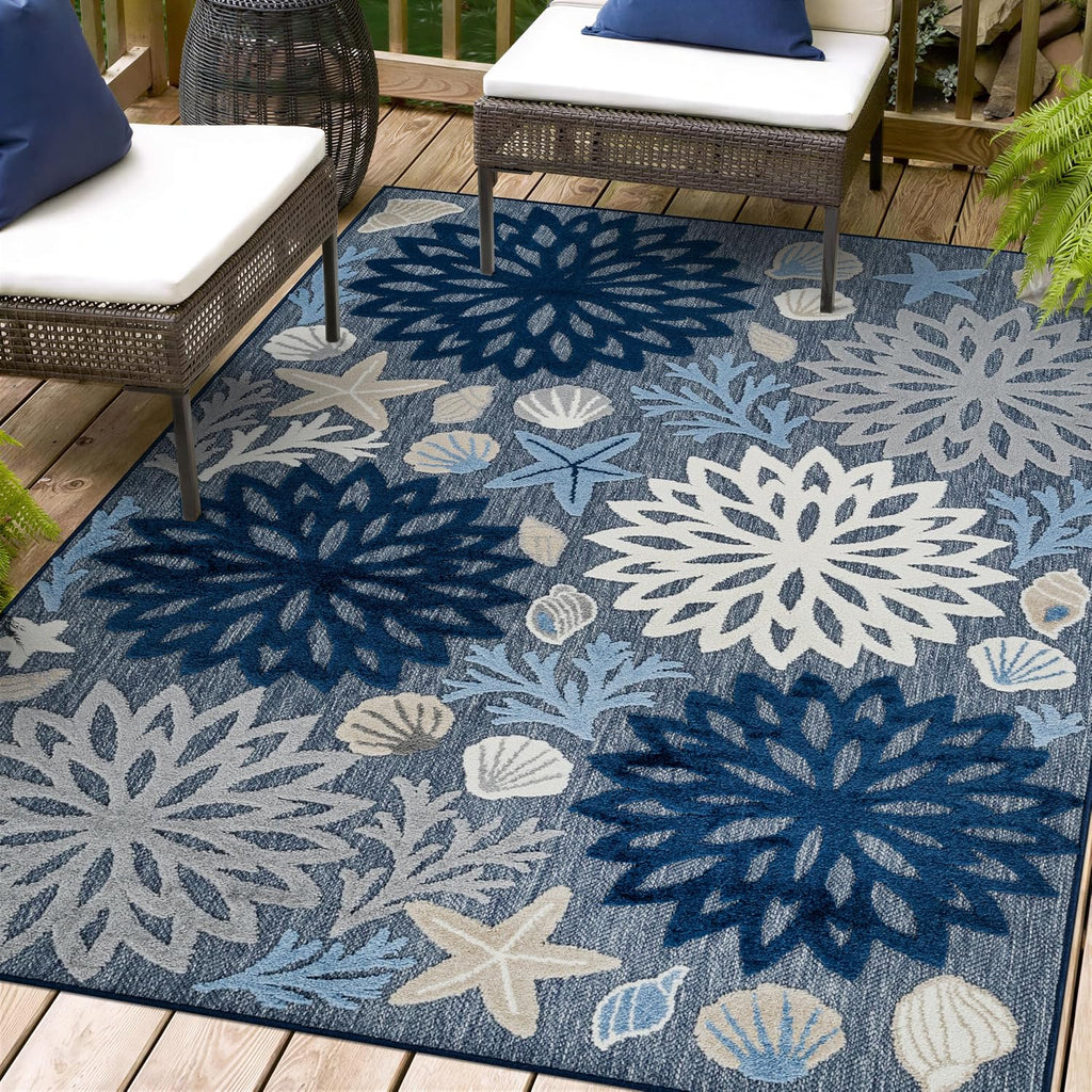 Coastal High-Low Textured Floral Indoor Outdoor Rug Navy 4' X 6'