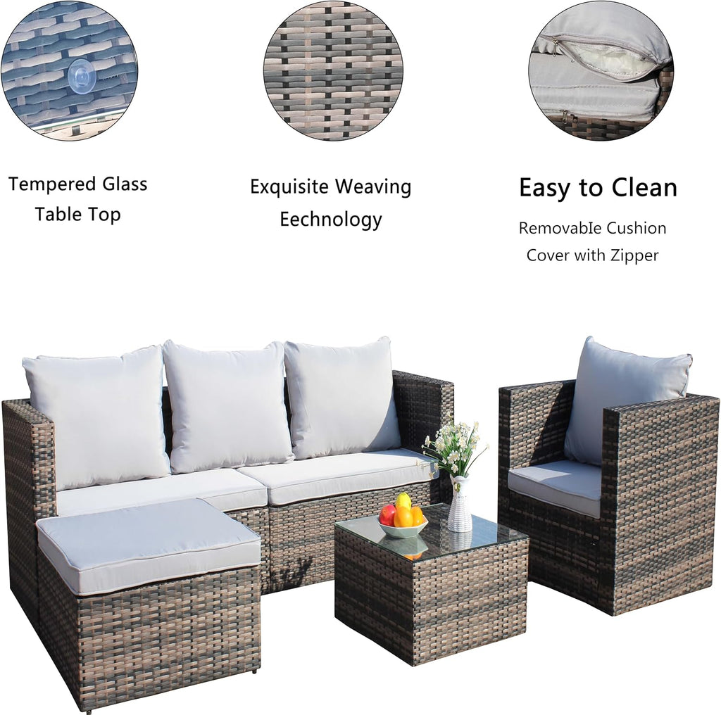 4 Piece Patio Furniture Set, Outdoor Patio Sofa with Thick Cushions, 4 Seat Outdoor Patio Sofa, 1 Single Chair, 1 Ottoman, 1 Table, Backyard Seat for Garden, Brown+Gray