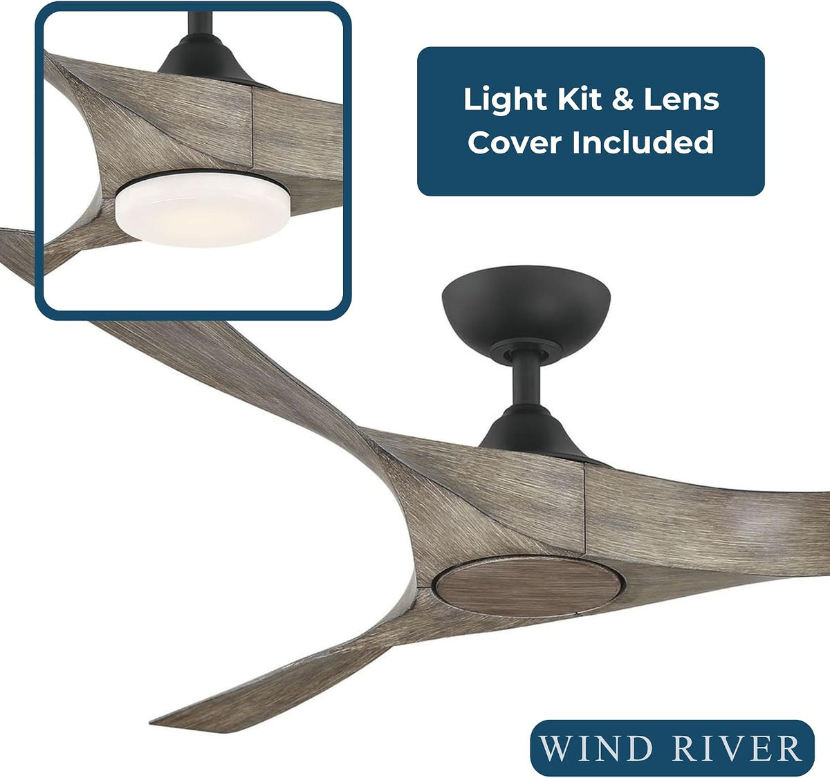 WR1801MBVO Willow 60 Inch Indoor/Outdoor Smart Ceiling Fan | 1368 Lumens Integrated LED 3000K | Matte Black Finish with Vintage Oak Blades | Remote Control | 6 Speed DC Motor | Damp Rated