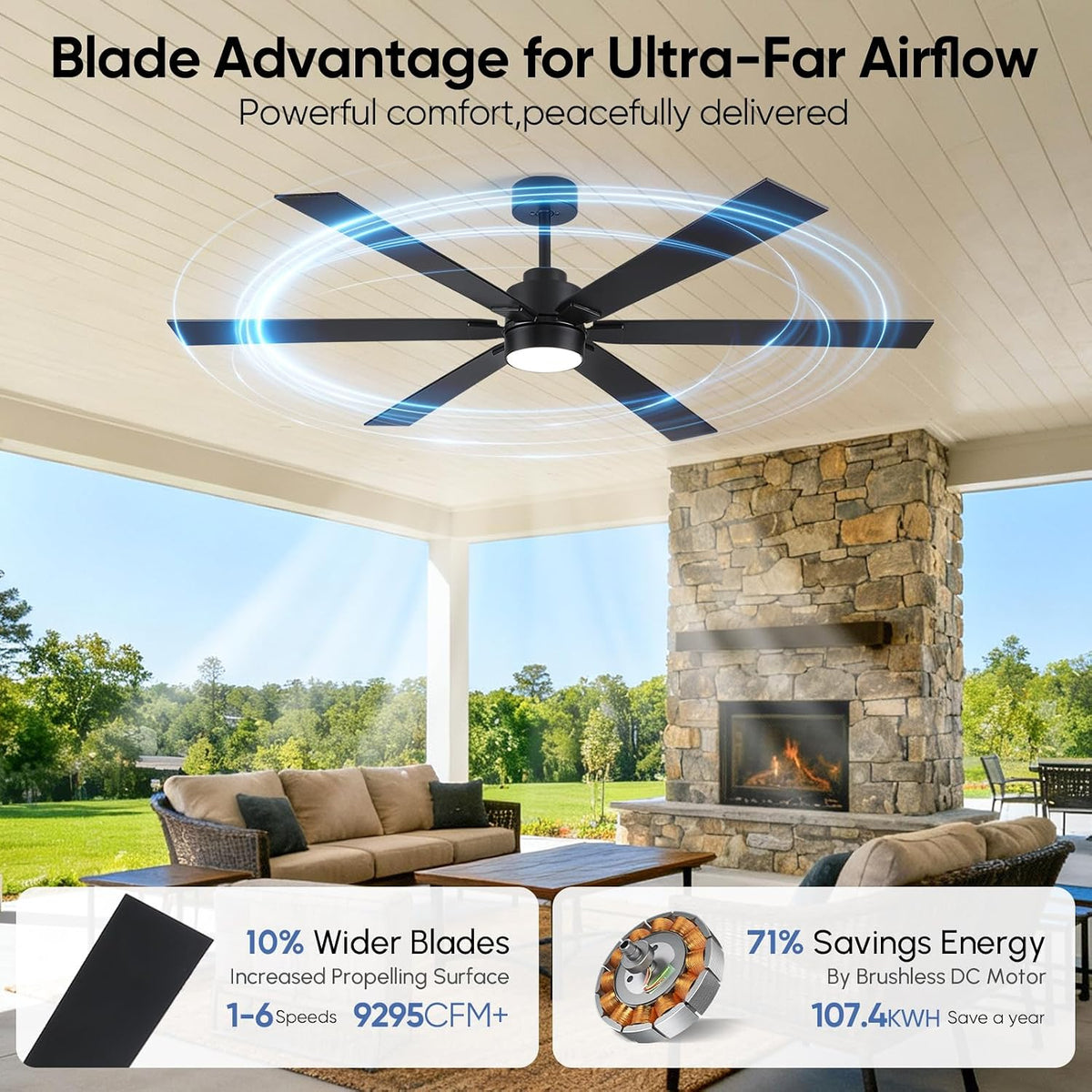 66 Inch Outdoor Smart Ceiling Fan with Light, Works with Alexa, App & Remote Control, Black Modern Style with 6 Blades, High CFM Quiet DC Motor, Damp Rated for Covered Patio & Large Indoor Living Room