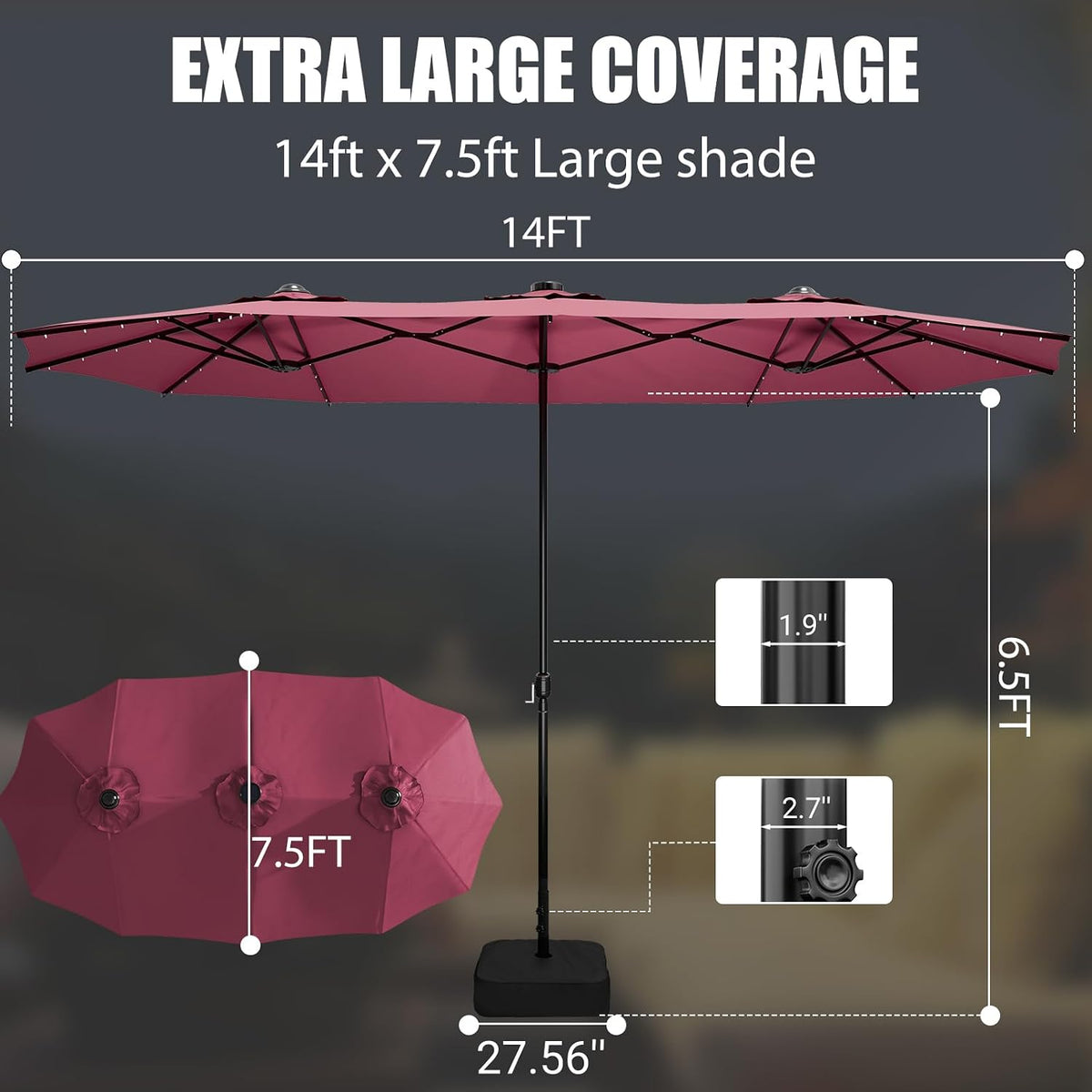 15FT Double-Sided Patio Umbrella with Base Included, Large Outdoor Rectangular Market Umbrella for Backyard, Poolside, Lawn & Garden