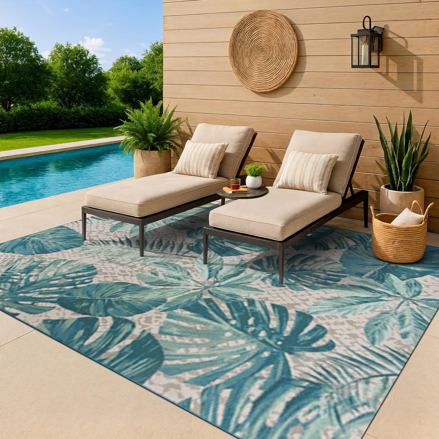 Indoor/Outdoor Contemporary Floral Tropical Area Rug Blue 5'3" X 7'