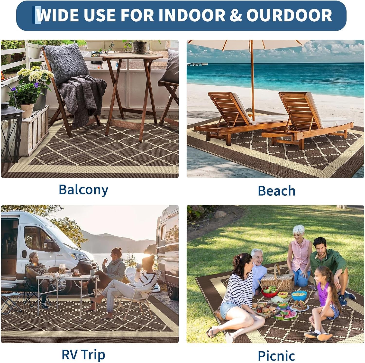 Outdoor Rug 9X18 Waterproof Reversible Plastic Straw Mat, Large Patio Rug Modern Area Rug Indoor Outdoor Rugs for Deck, Balcony, Camping, Beach, Picnic, Porch， Brown&Coffee