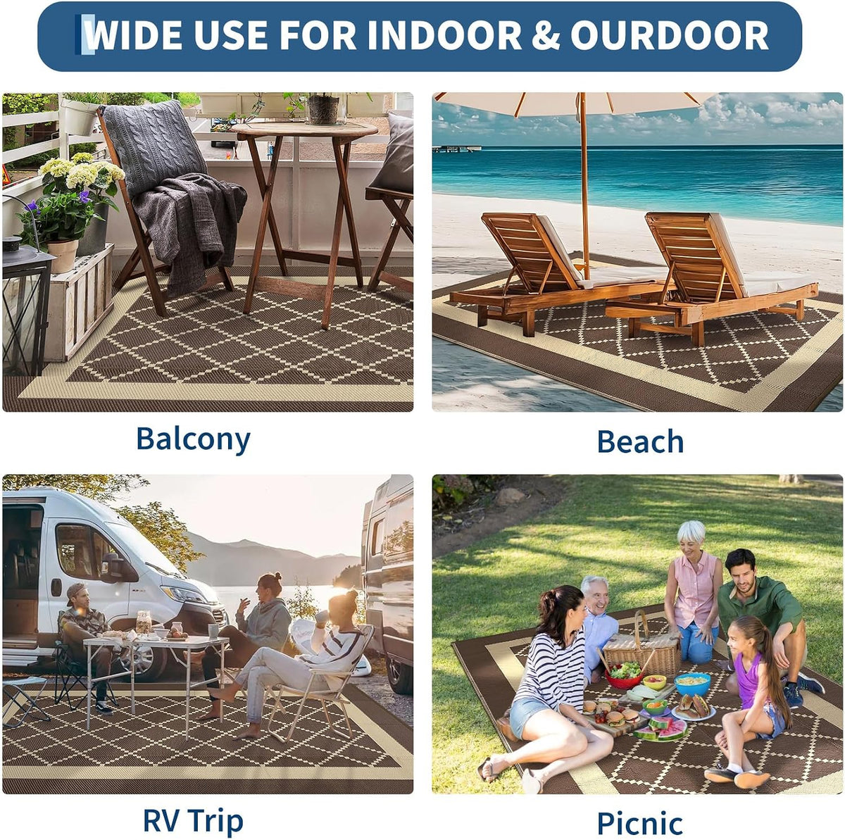 Outdoor Rug 9X18 Waterproof Reversible Plastic Straw Mat, Large Patio Rug Modern Area Rug Indoor Outdoor Rugs for Deck, Balcony, Camping, Beach, Picnic, Porch， Brown&Coffee