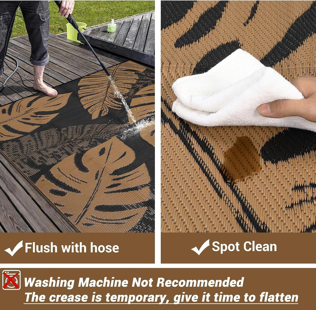 9X12 Outdoor Rug Waterproof Foldable Plastic Straw Carpet for Patio Porch Modern Leaf Print Reversible Mat Lightweight Floor Mat for Picnic, Rv, Beach, Deck, Camper, Balcony，Black/Brown